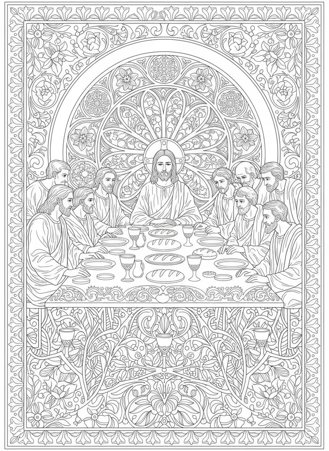 Jesús con sus discípulos, Hebreos 13:8 Jesús Mismo, página para colorear estilo journaling bíblico para adultos.