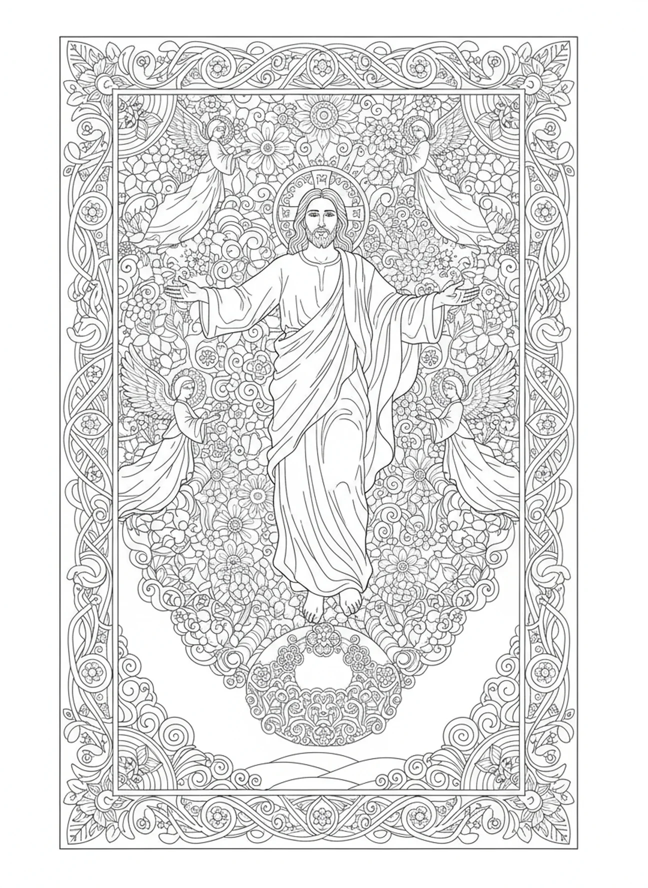 Jesús ascendiendo al cielo, Hebreos 13:8 Jesús. Página para colorear para adultos en estilo de journaling bíblico.