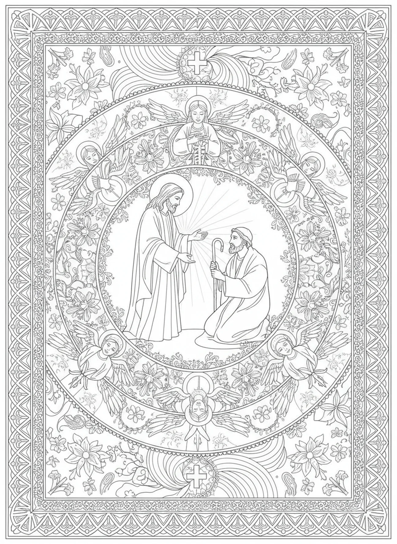 Jesús sanando a los enfermos, Hebreos 13:8 Jesús Mismo página para colorear estilo para adultos y journaling bíblico.