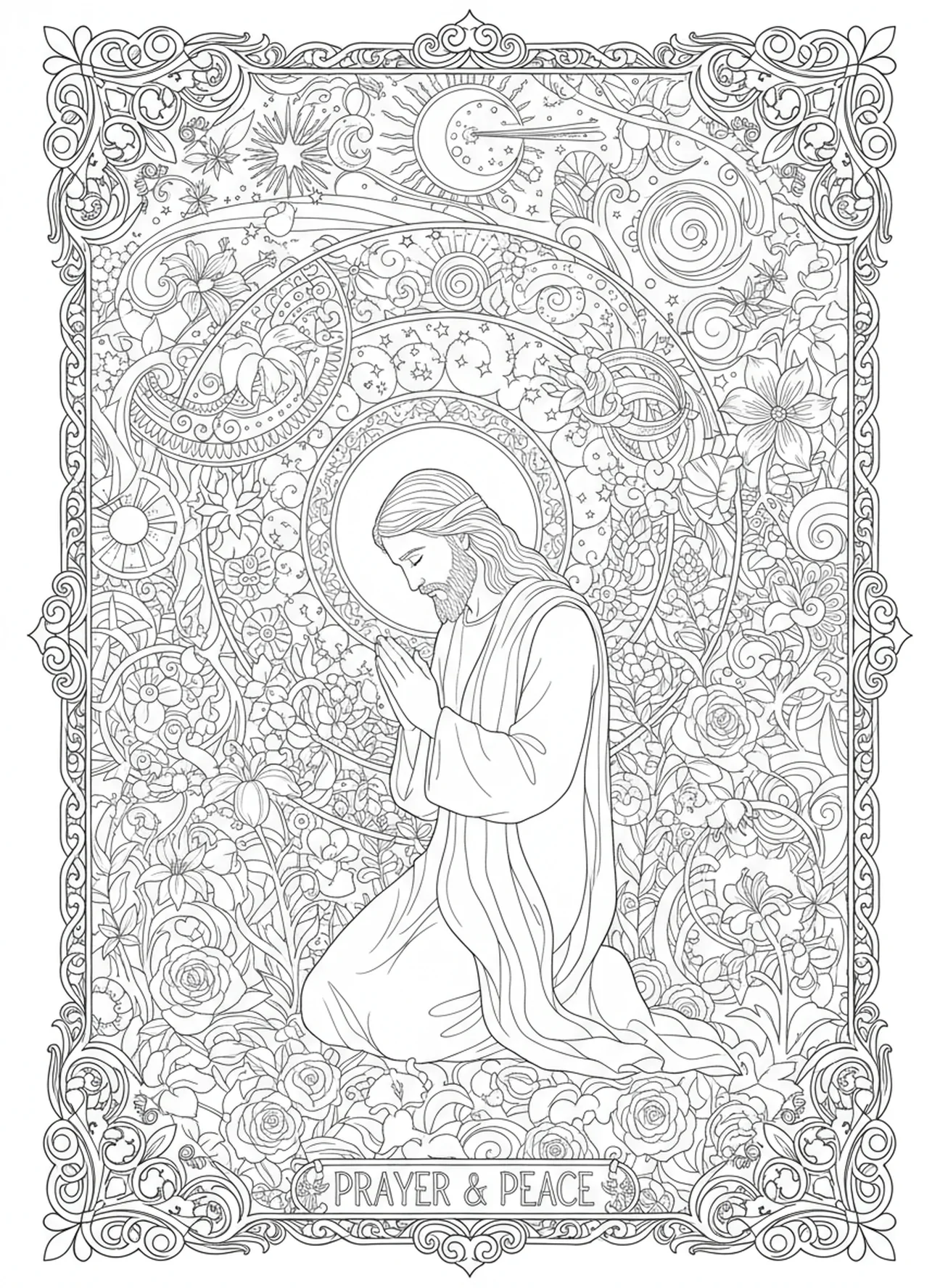 Jesús orando en el jardín, Hebreos 13:8 Jesús Mismo, página para colorear para adultos en estilo de journaling bíblico.