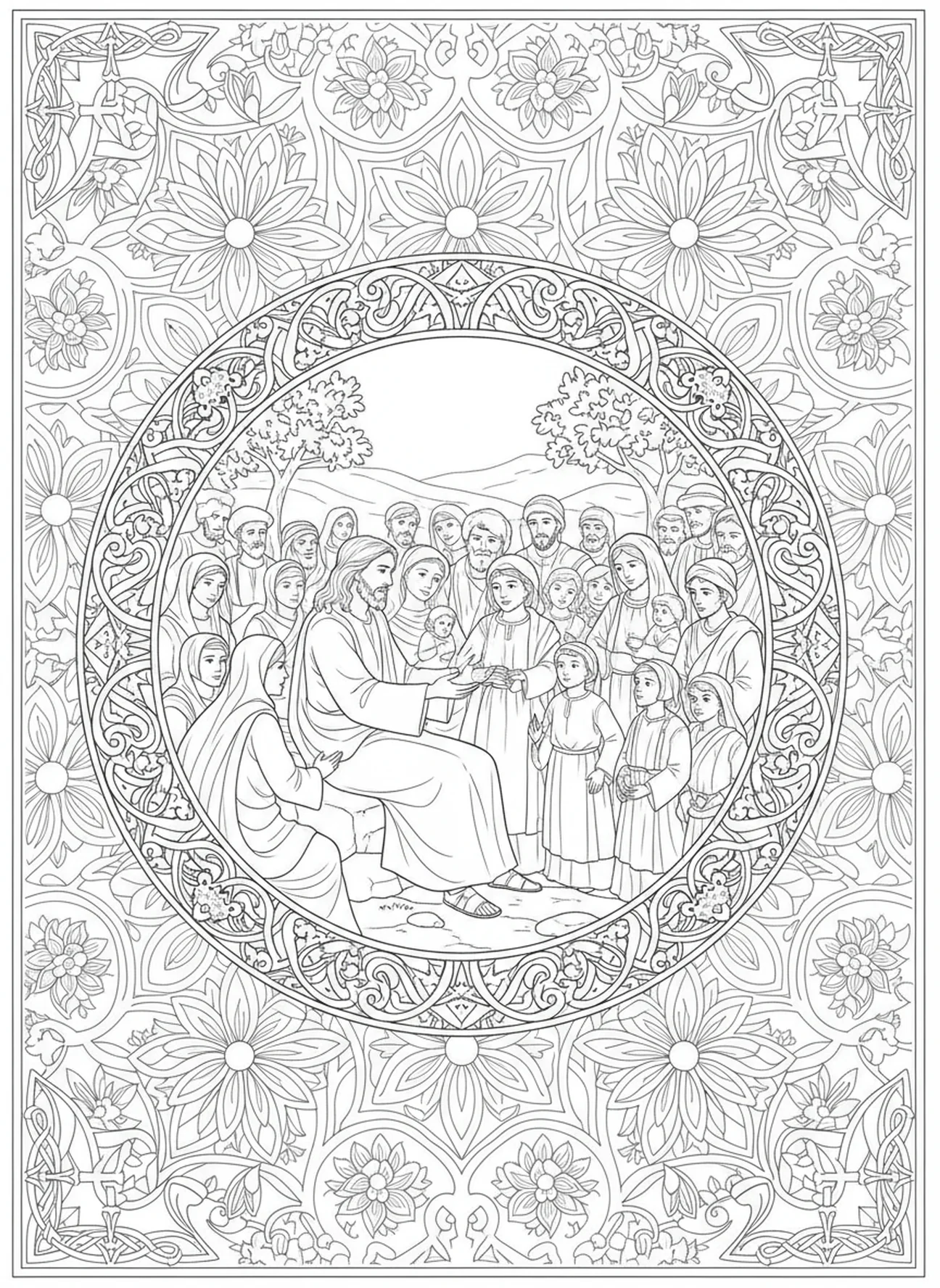 Jesús enseñando a la multitud, Hebreos 13:8 Jesús Mismo, página para colorear para adultos en estilo de journaling bíblico.