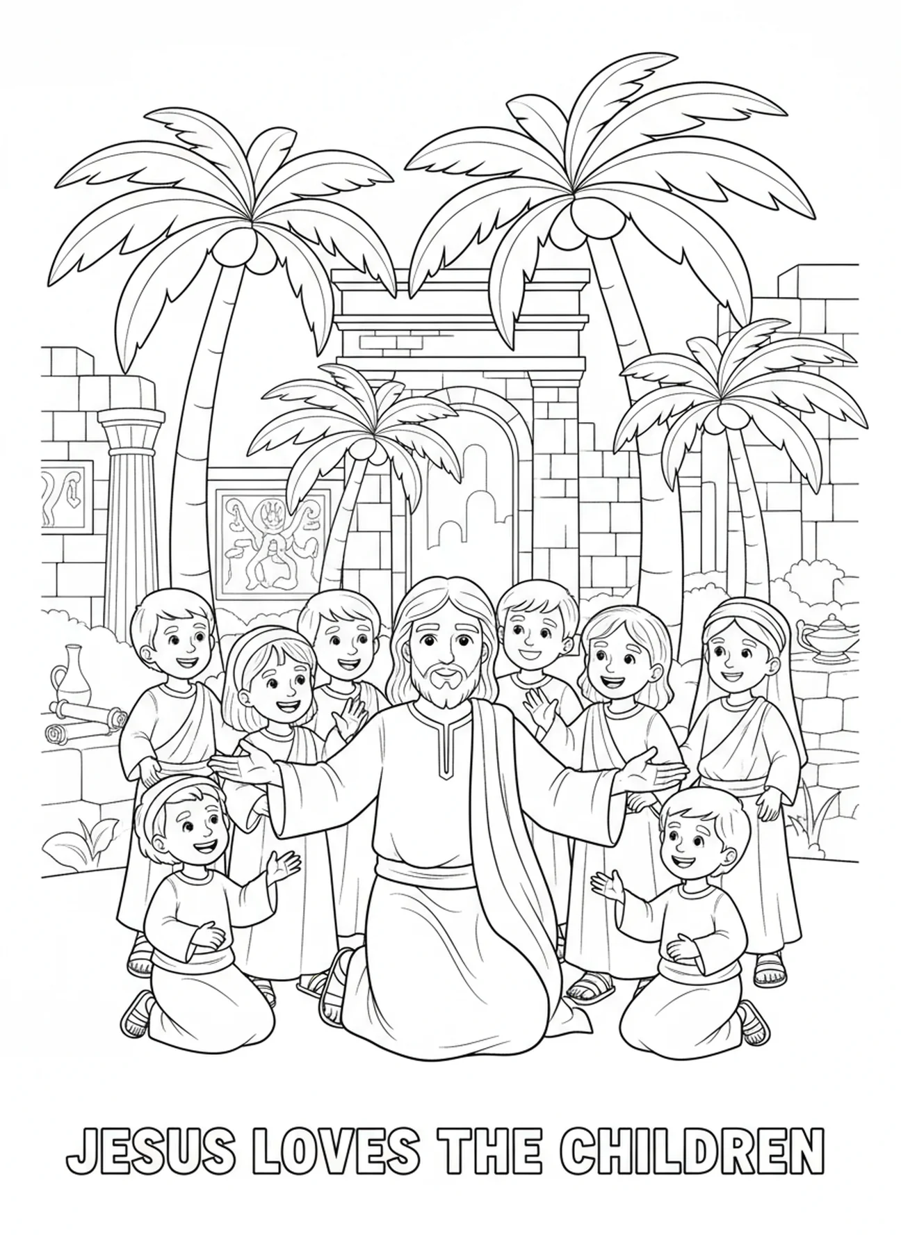 Jesus recebendo crianças, Hebreus 13:8 Jesus Mesmo. Página de colorir para crianças da Escola Dominical de 5 a 12 anos.