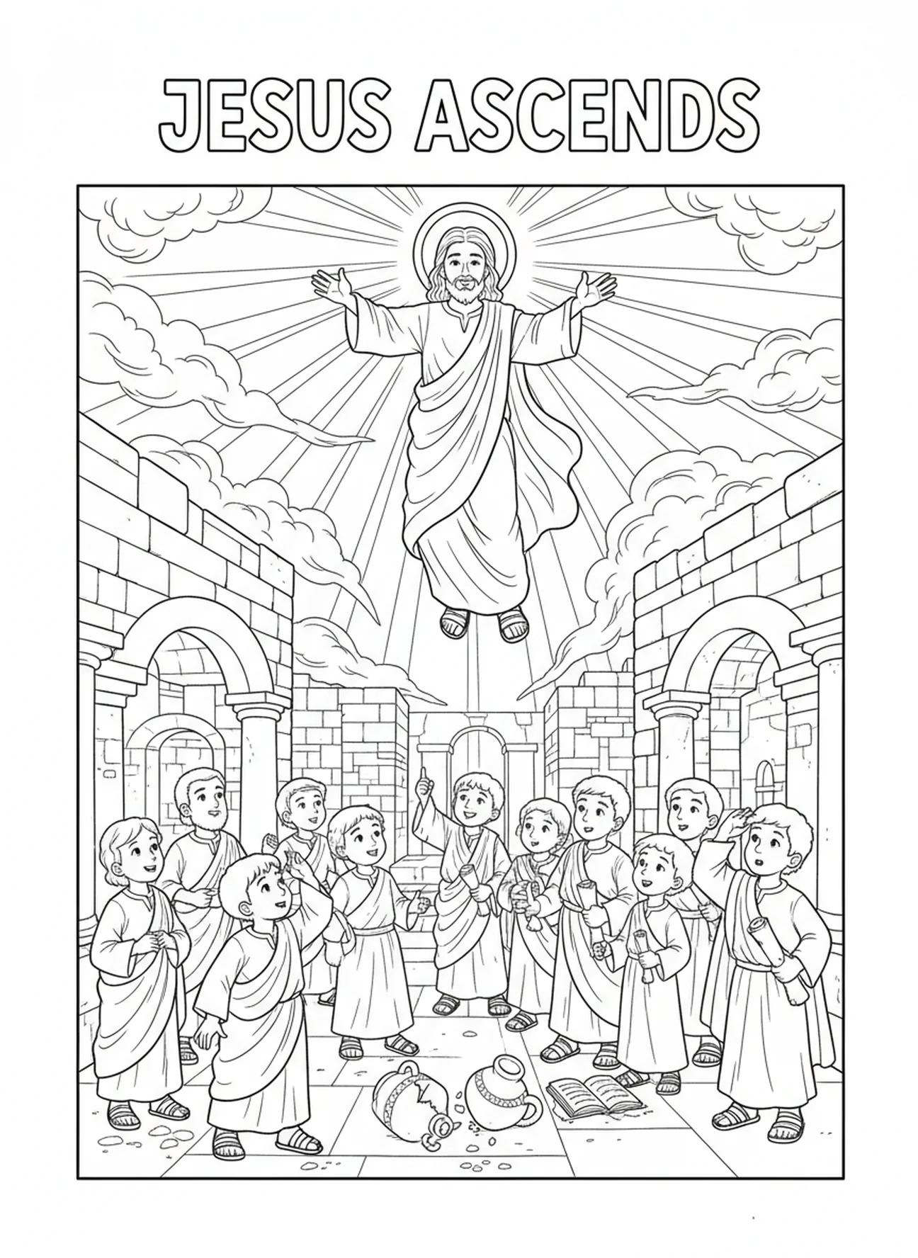 Jesus subindo ao céu, Hebreus 13:8 Jesus é o mesmo. Página de colorir para crianças da Escola Dominical de 5 a 12 anos.