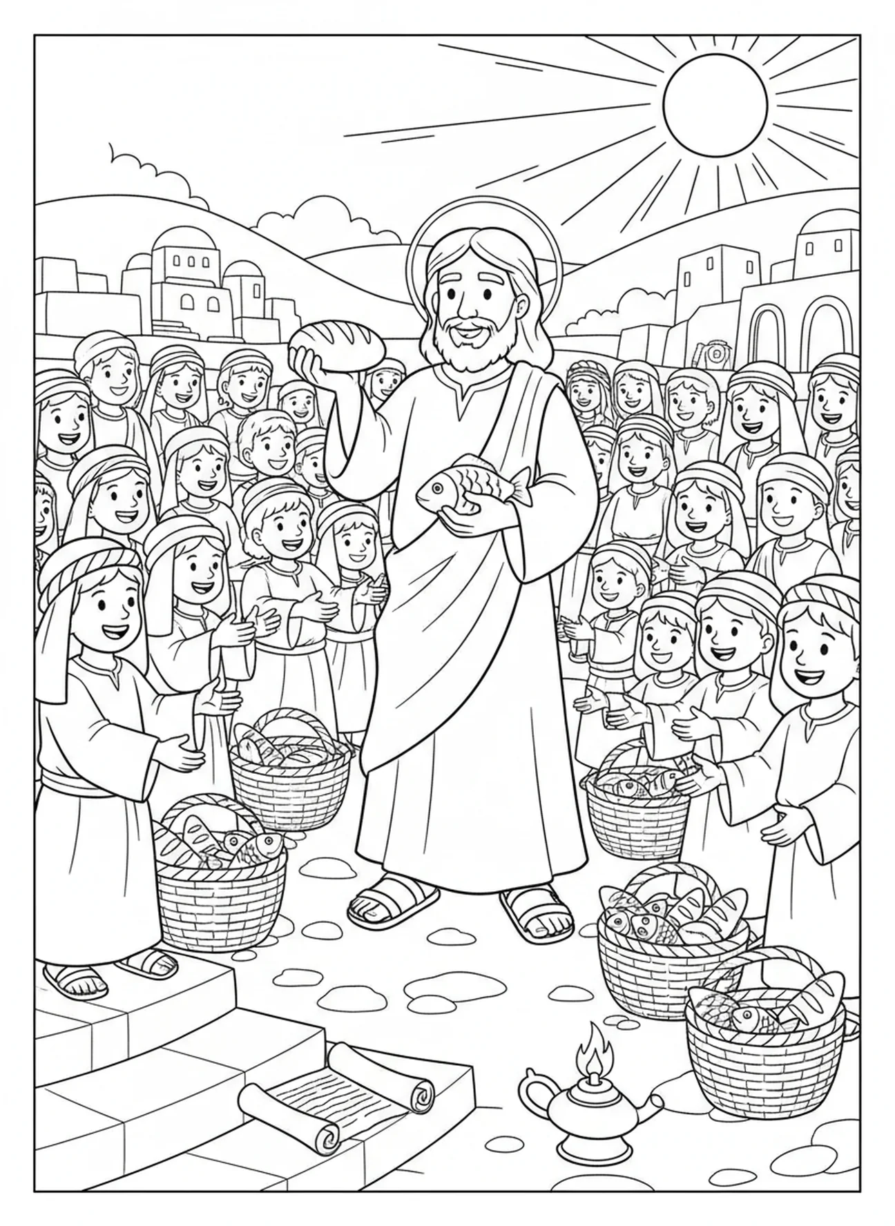 Jesus alimentando a multidão, Hebreus 13:8 Jesus Mesmo. Página para colorir para crianças da Escola Dominical de 5 a 12 anos.