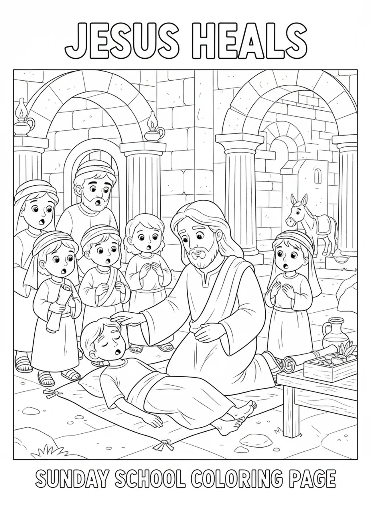 Jesus curando os enfermos, Hebreus 13:8 Jesus. Página de colorir para crianças da Escola Dominical de 5 a 12 anos.