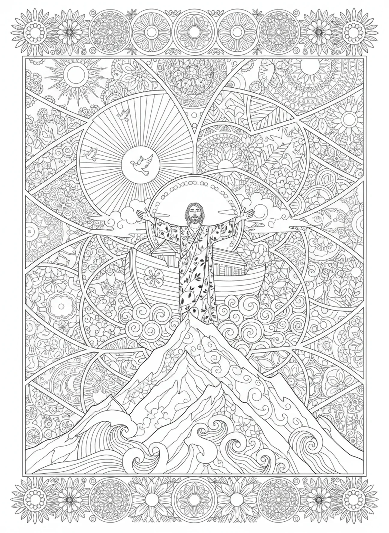 Noé de pie en una montaña, página para colorear 'Todo lo puedo en Cristo' estilo de journaling bíblico para adultos