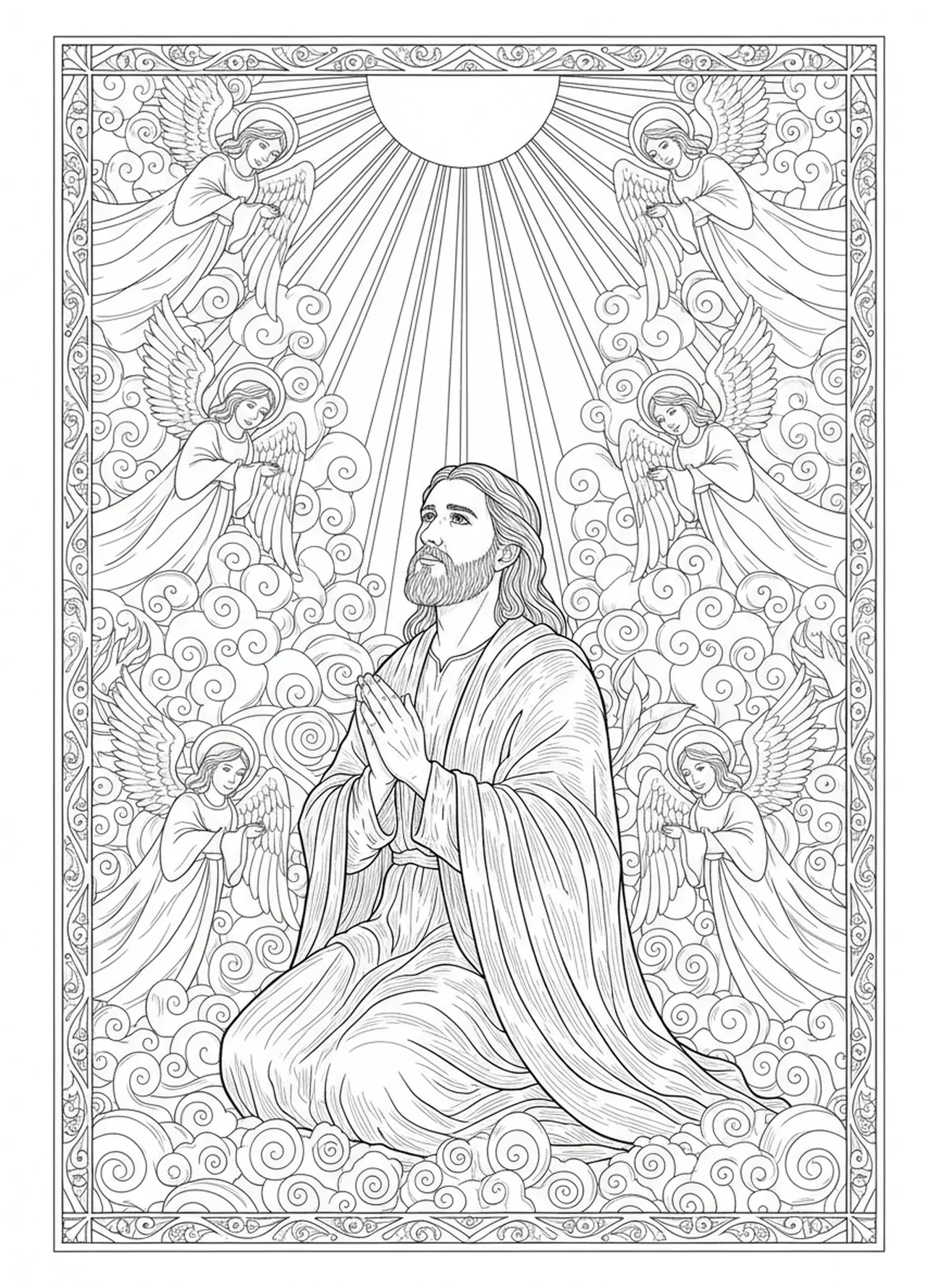 Noé arrodillado en oración, página para colorear 'Todo lo puedo en Cristo' estilo de journaling bíblico para adultos