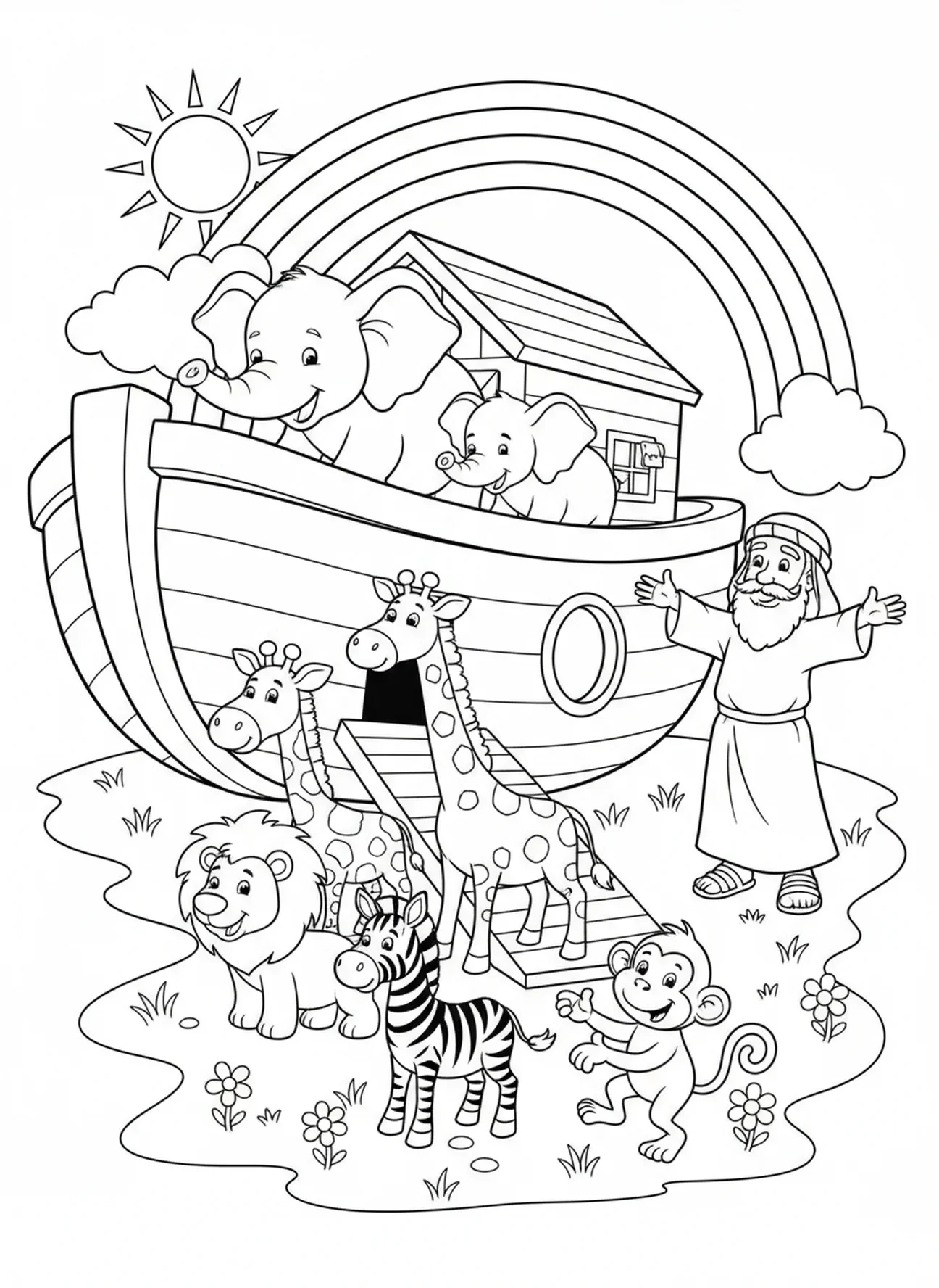 Tiere steigen von der Arche, Ich kann alles tun Malvorlage für Kinder im Alter von 5-10 Jahren