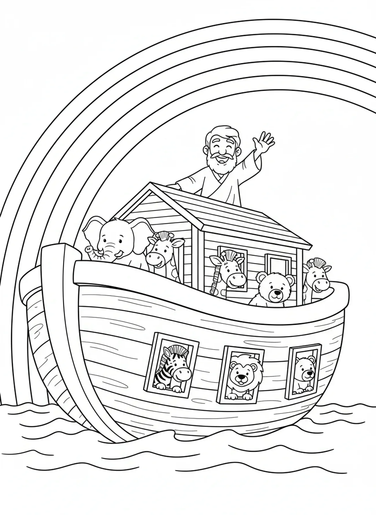 Noah winkt von der Arche, Ich kann alles tun Ausmalbild für Kinder im Alter von 5-10 Jahren