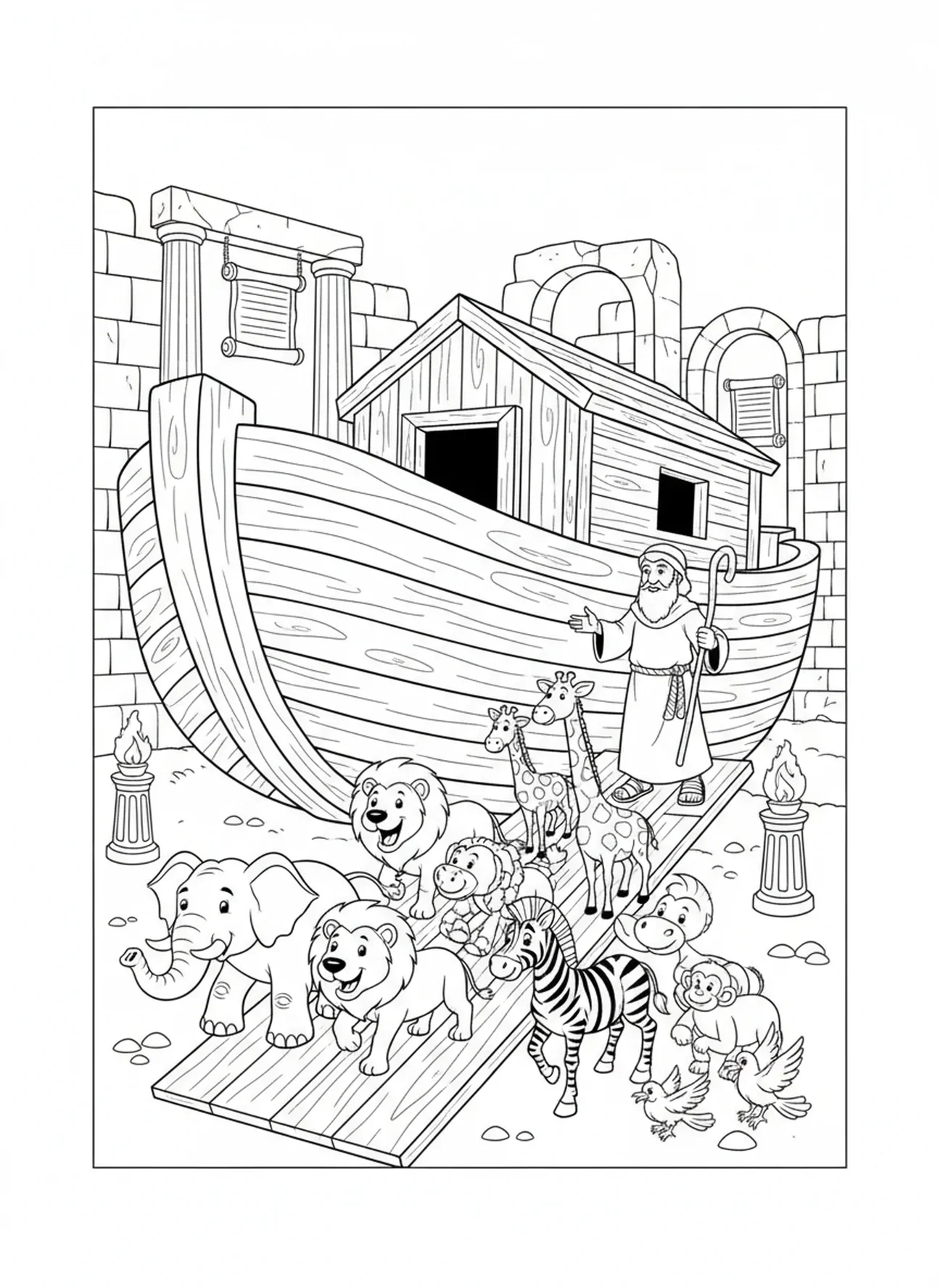 Des paires d'animaux entrant dans l'arche, page à colorier Je peux tout faire pour les enfants de l'École du dimanche âgés de 5 à 12 ans.