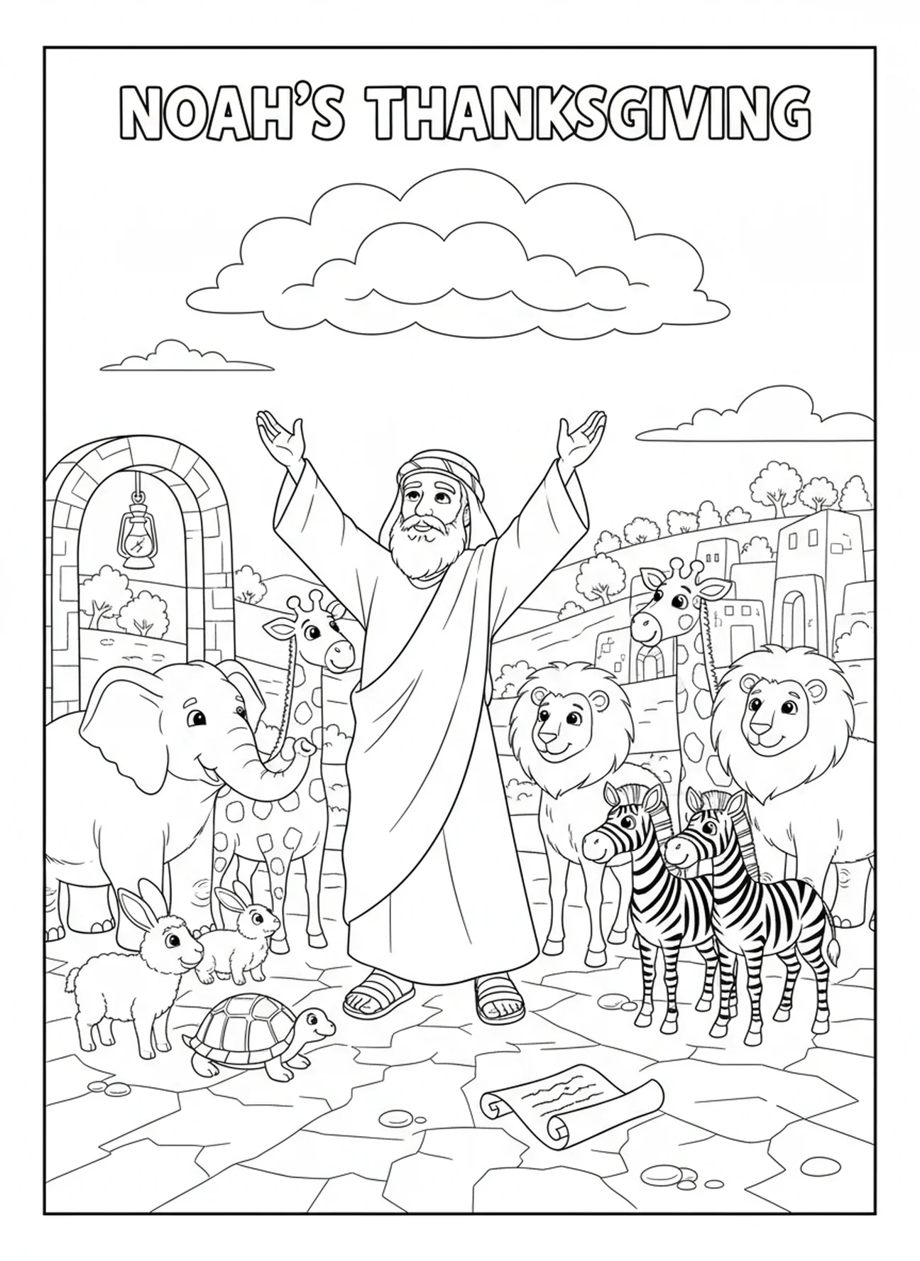 Noé rendant grâce sur la terre ferme, page à colorier Je peux tout faire pour les enfants de l'École du dimanche âgés de 5 à 12 ans.