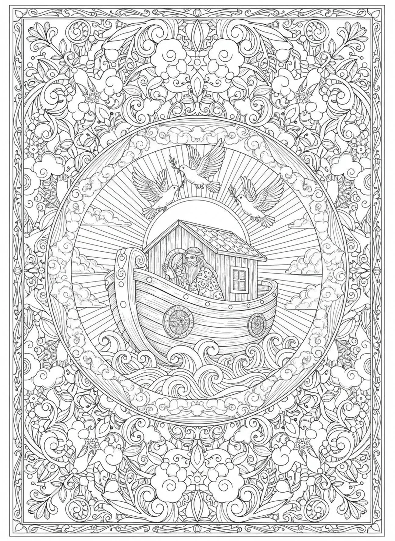 Tauben, die aus der Arche freigelassen werden, Ich kenne die Pläne Ausmalbild für Erwachsene im Bibel-Journaling-Stil.