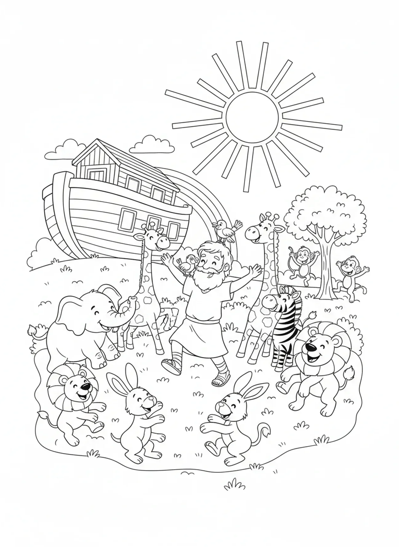 Noé et les animaux célébrant ensemble, page à colorier Je Connais Les Plans pour les enfants de 5 à 10 ans