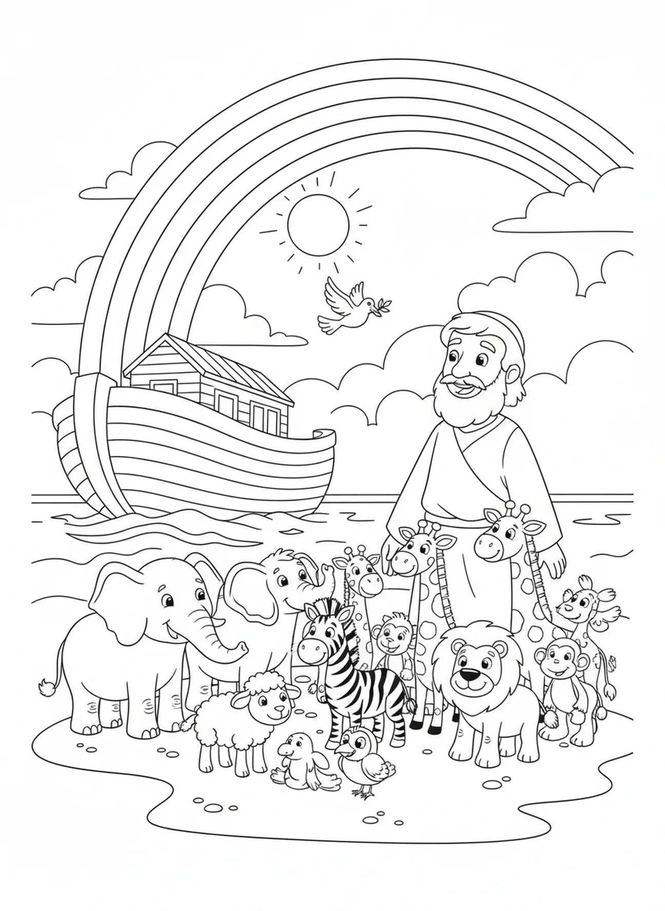 Noé contemplant l'arc-en-ciel, page à colorier Je Connais les Plans pour les enfants de 5 à 10 ans