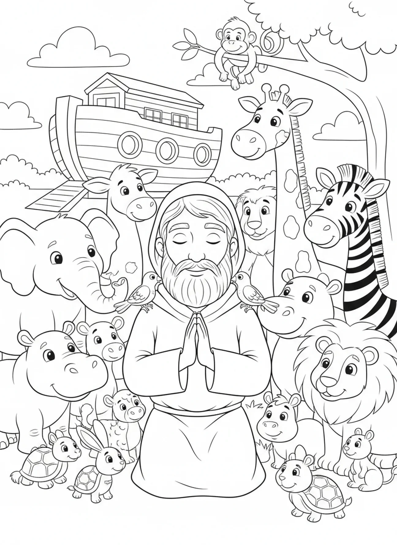 Noé à genoux en prière de gratitude, page à colorier Je Connais Les Plans pour les enfants de 5 à 10 ans