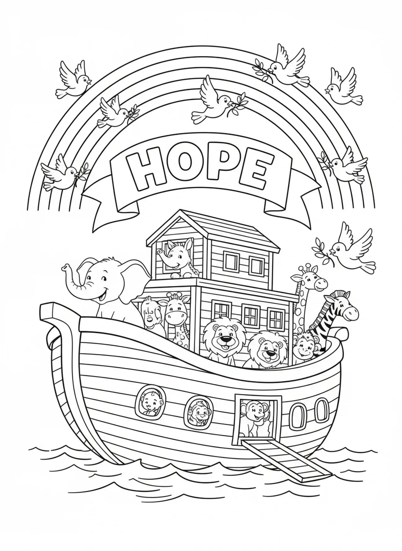 Un arc-en-ciel brillant au-dessus de l'arche, page à colorier Je Connais les Plans pour les enfants de 5 à 10 ans