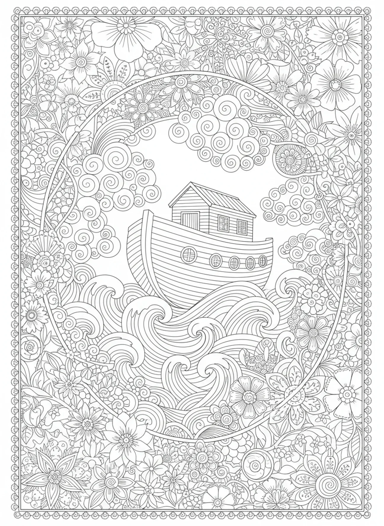 Arca de Noé cercada por nuvens, página para colorir de Isaías 26:3 no estilo de journaling bíblico para adultos