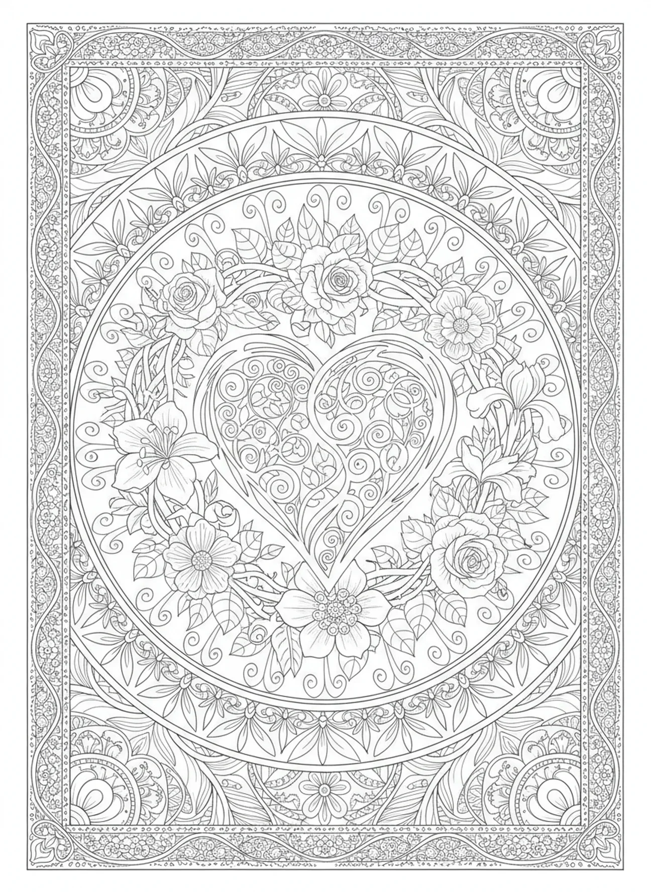 Coração cercado por espinhos, página para colorir de Isaías 26:3 no estilo de journaling bíblico para adultos