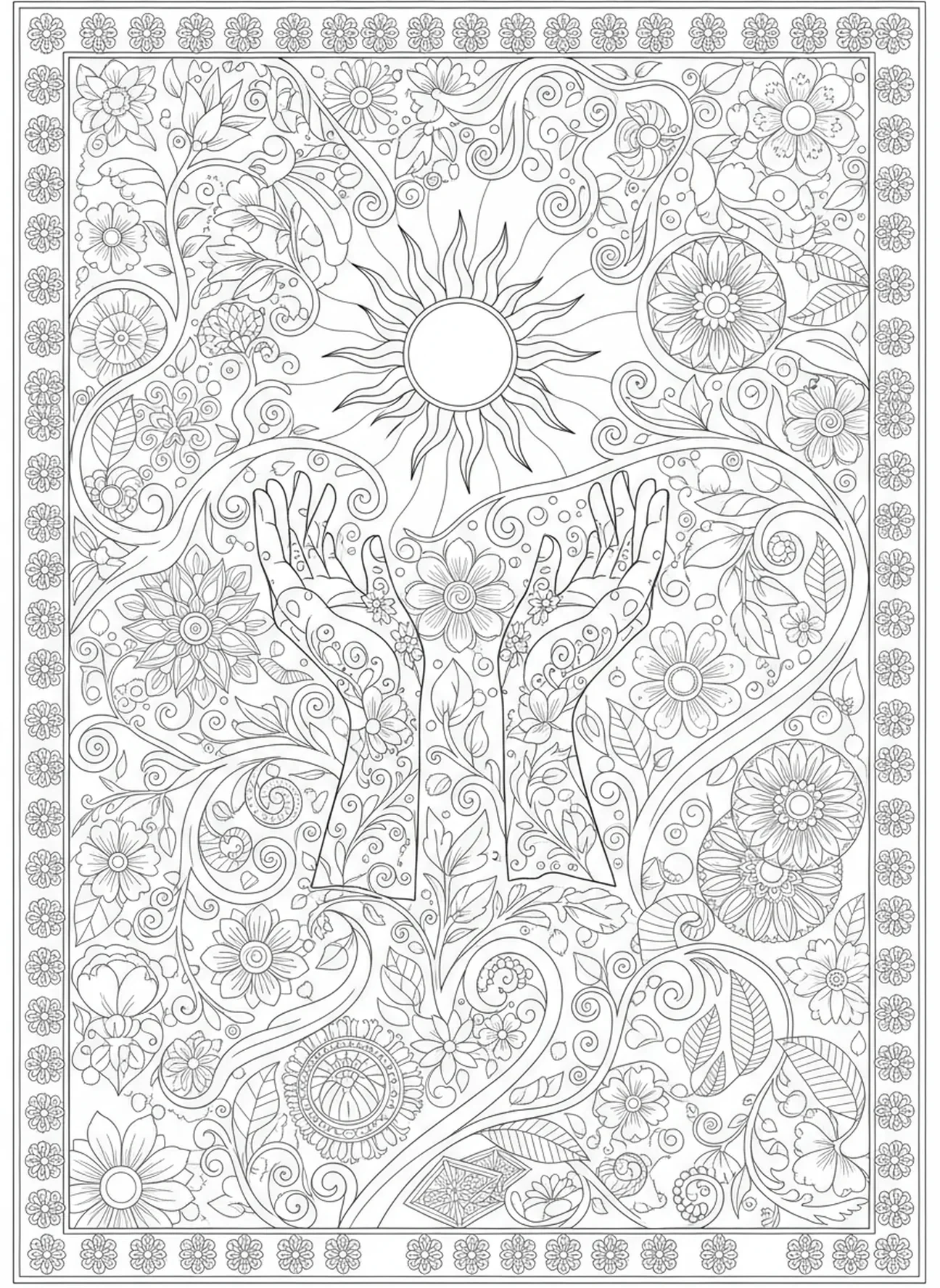 Mãos levantadas ao sol, página de colorir Isaías 26:3 para adultos no estilo de journaling bíblico