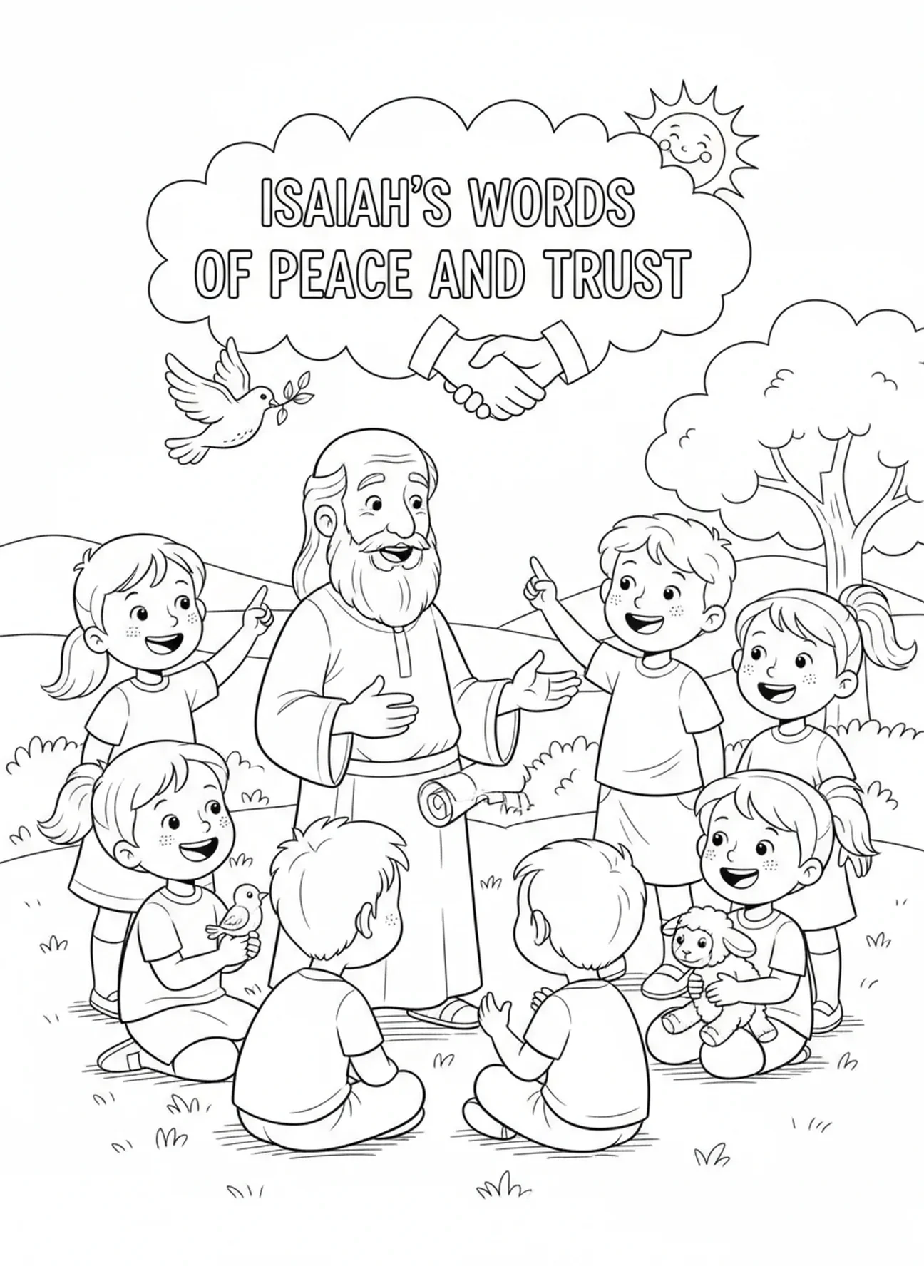 Groep blije kinderen, kleurplaat van Jesaja 26:3 voor kinderen van 5-10 jaar.