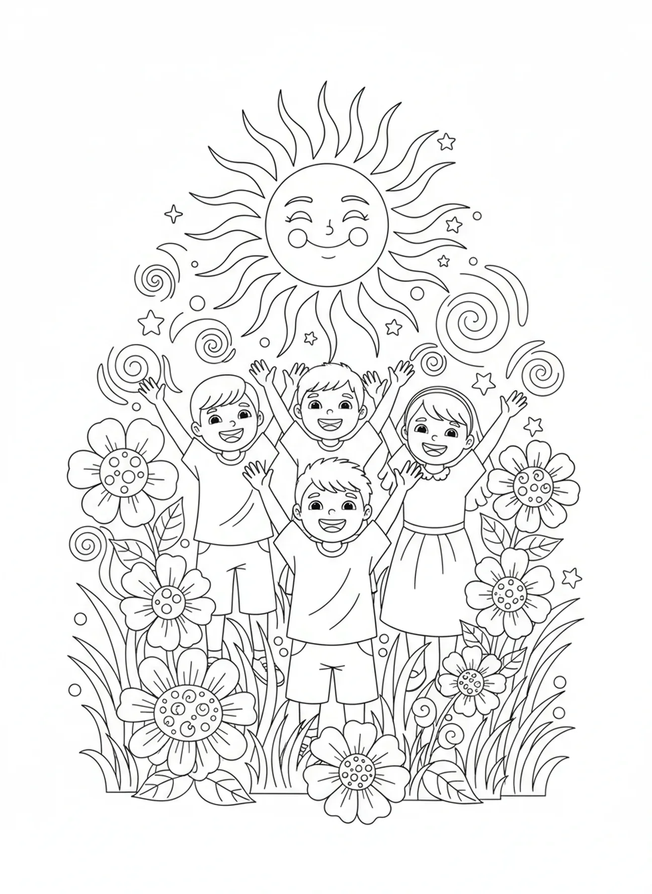 Kinderen met opgeheven handen, kleurplaat van Jesaja 26:3 voor kinderen van 5-10 jaar.