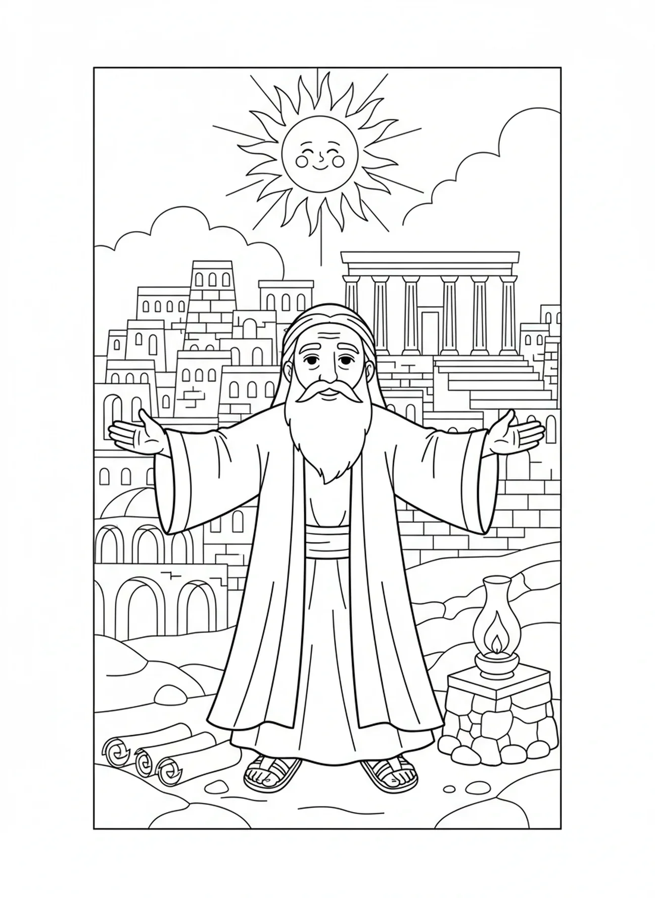 Isaías dando uma bênção sob um sol radiante, página de colorir Isaías 26:3 para crianças da Escola Dominical de 5 a 12 anos