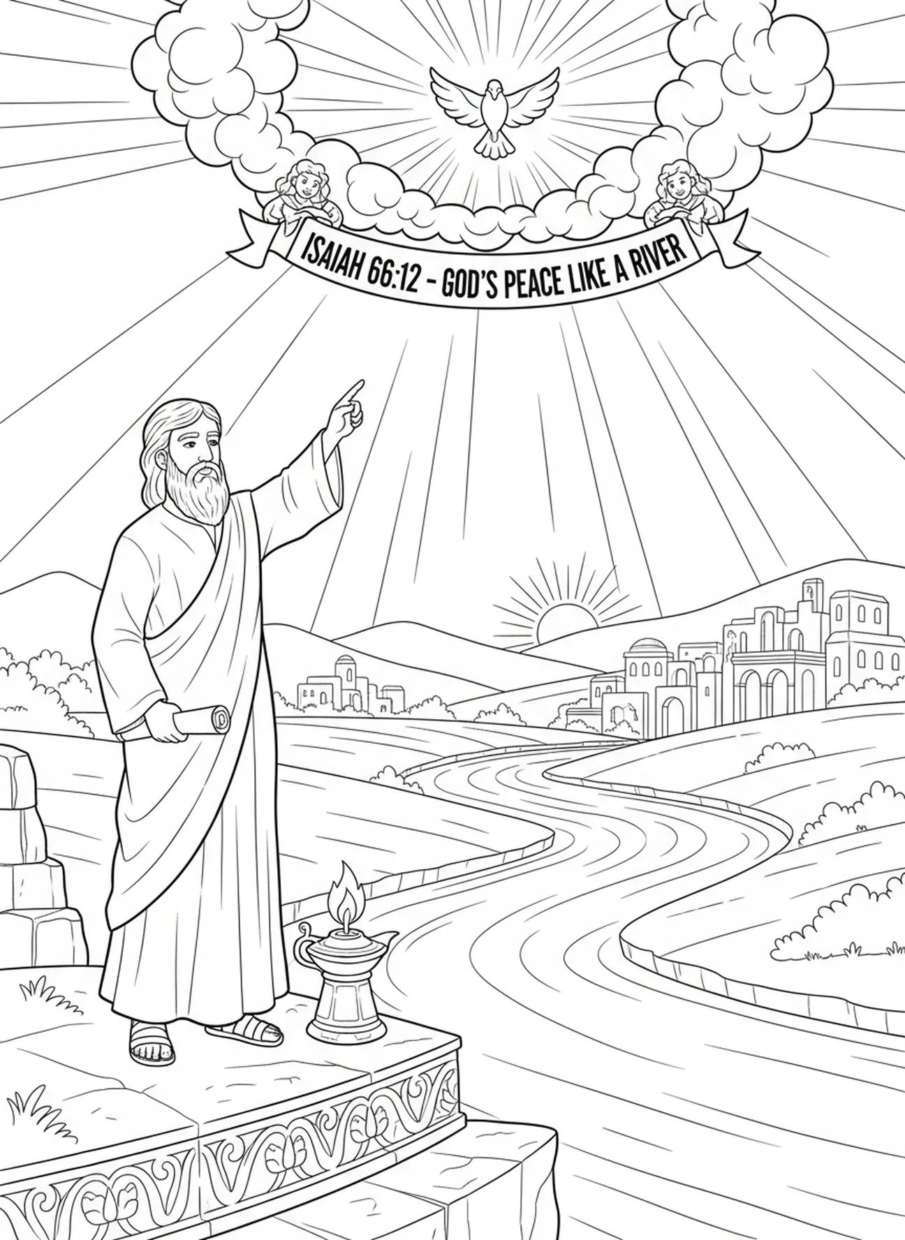 Isaías apontando para os céus, a paz de Deus, página para colorir Isaías 26:3 para crianças da Escola Dominical de 5 a 12 anos