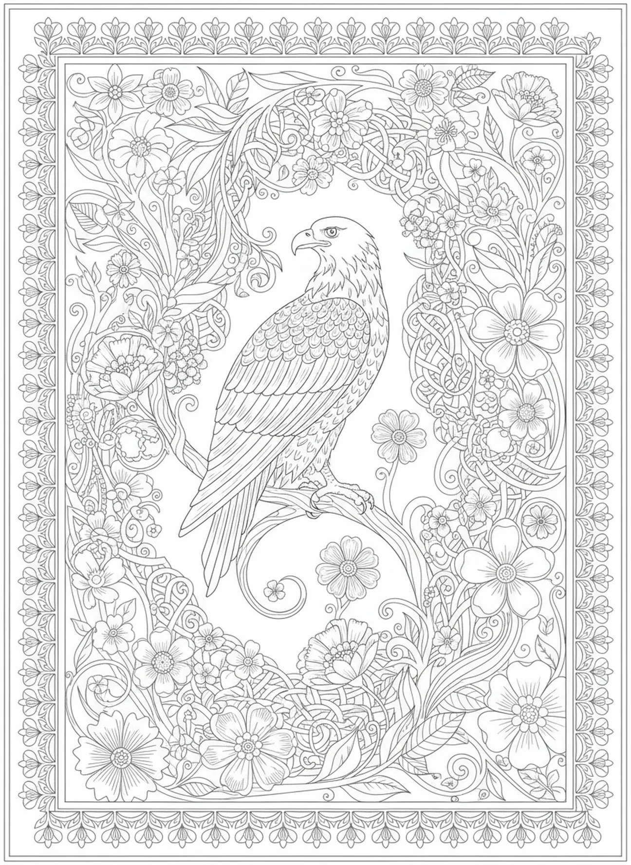 Aigle perché sur une branche, Ésaïe 40:31 page à colorier pour adultes dans un style de journal biblique.