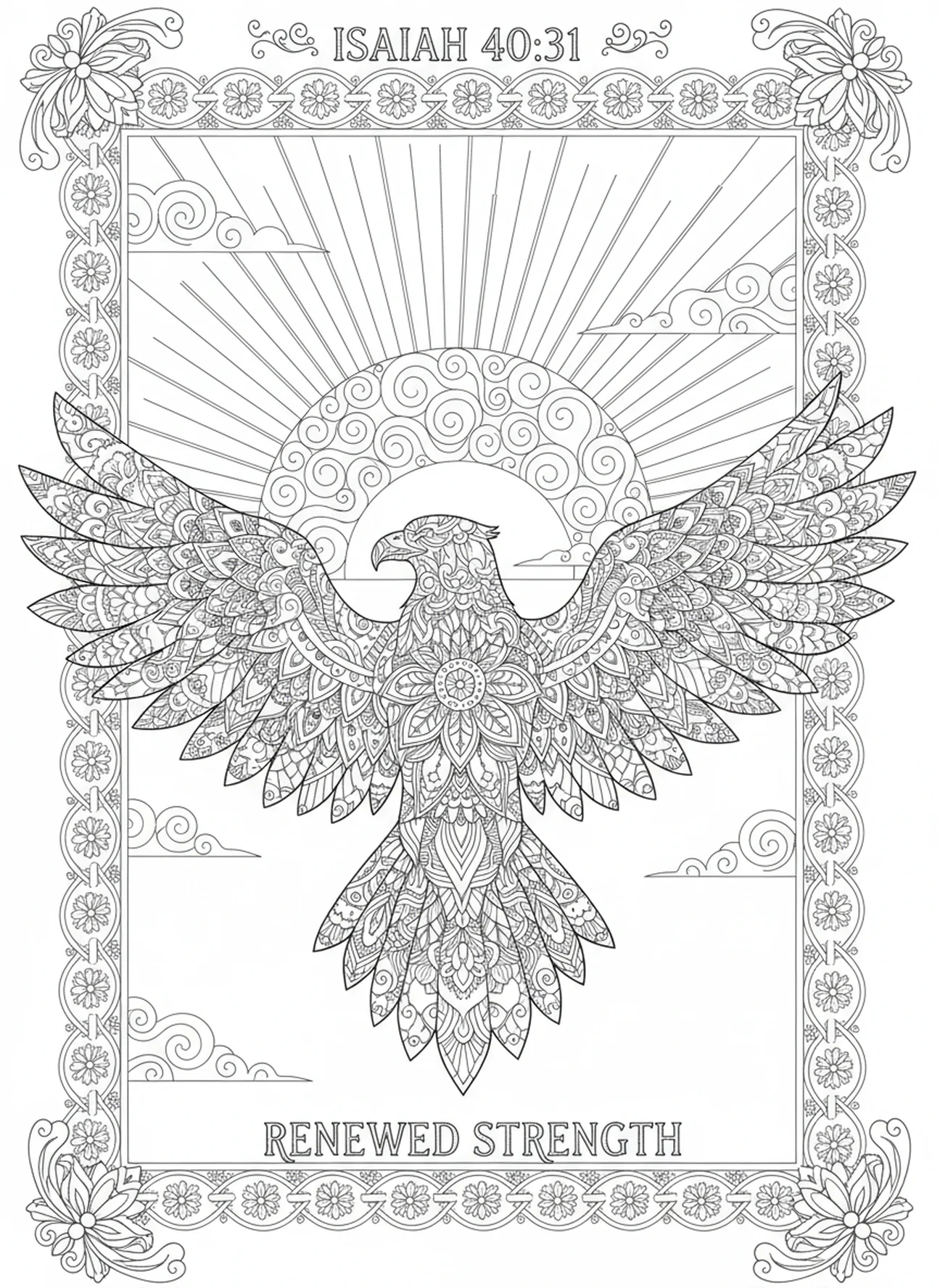 Aigle en silhouette contre le coucher de soleil, Ésaïe 40:31 Page à colorier d'aigles pour adultes dans un style de journal biblique.