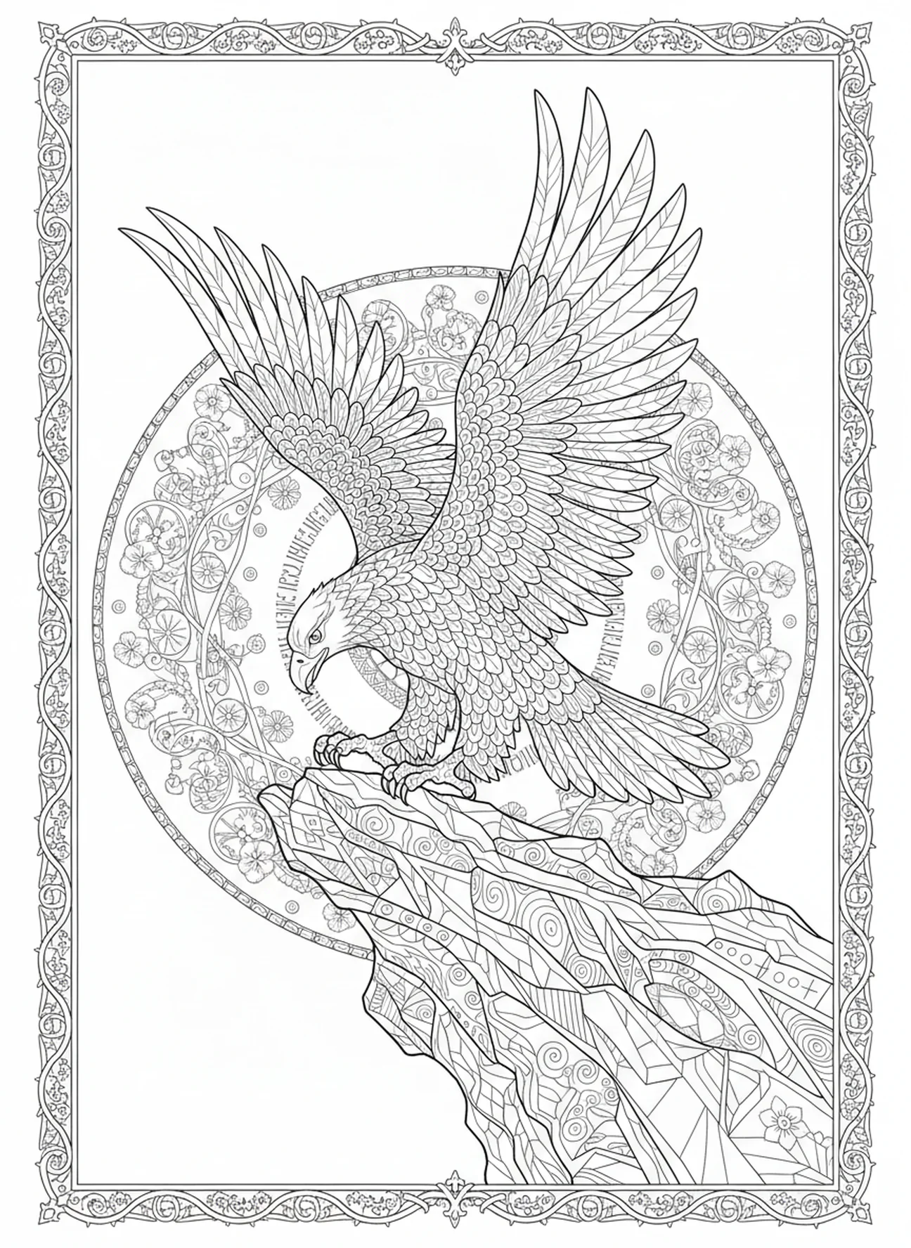 Aigle atterrissant sur un ledge rocheux, Ésaïe 40:31 page à colorier d'aigles pour adultes dans un style de journal biblique.