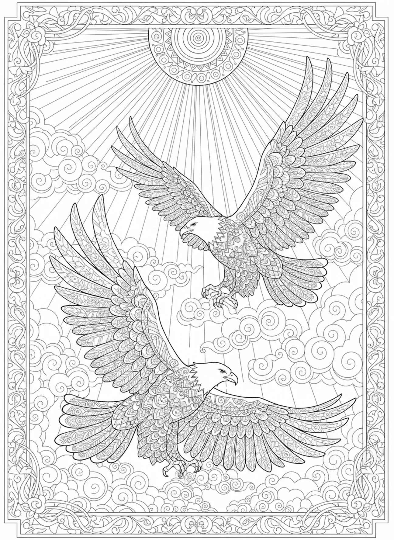 Deux aigles en vol, Ésaïe 40:31 Page à colorier pour adultes dans le style du journal biblique.