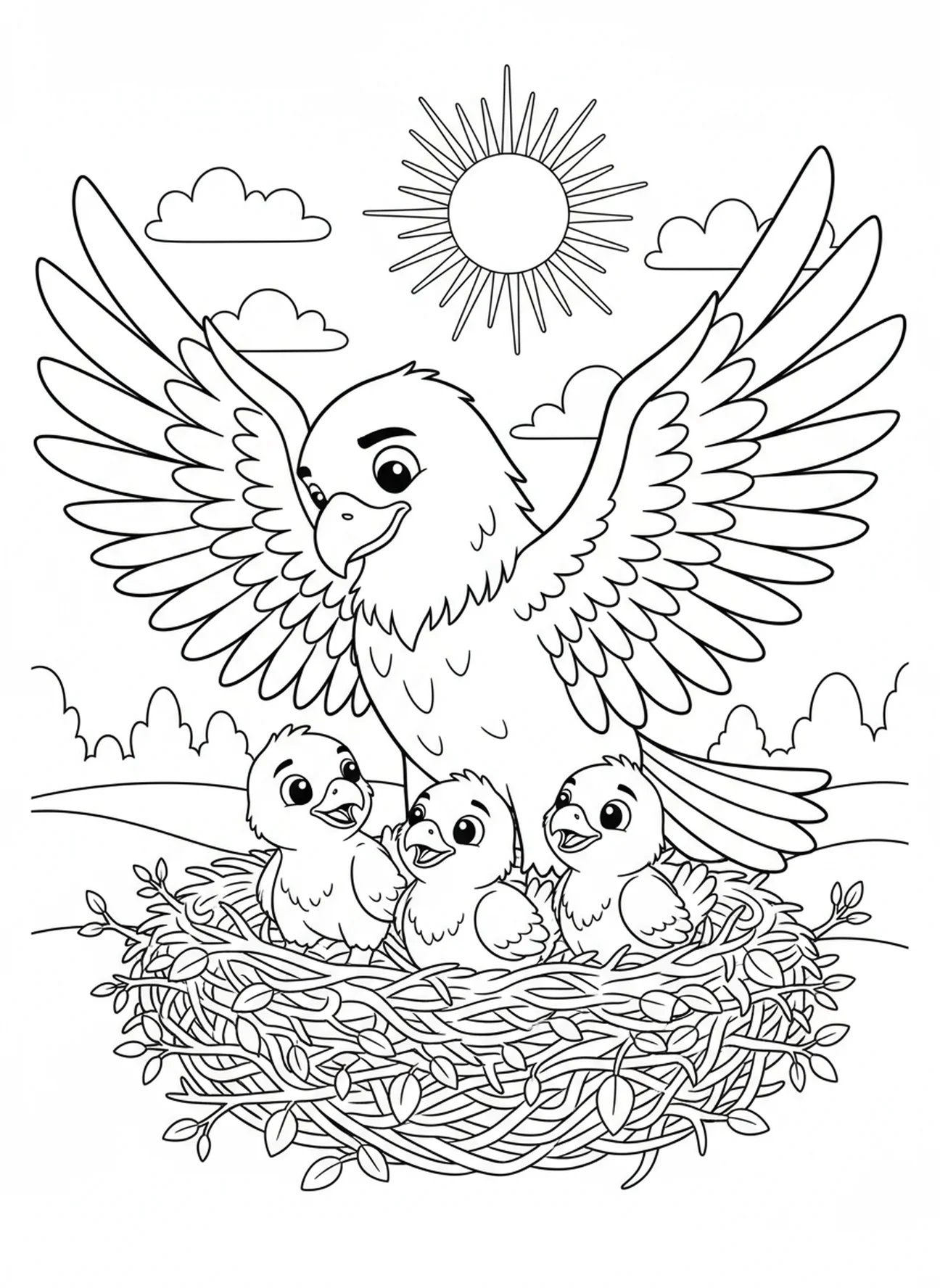 Arend met kuikens in het nest, Jesaja 40:31 Arend kleurplaat voor kinderen van 5-10 jaar.