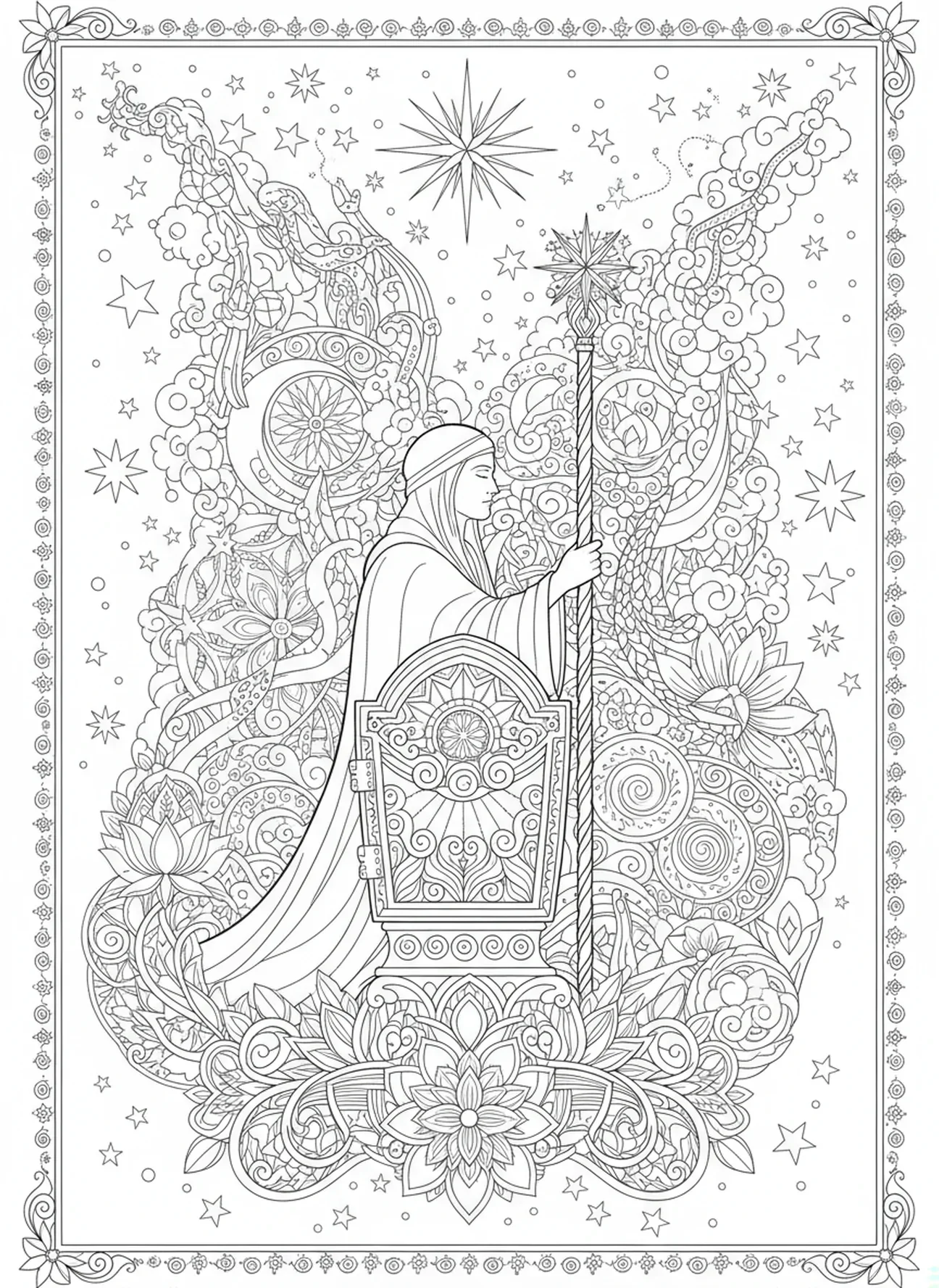 Figur mit Stab, Jesaja 40,31 Malvorlage für Erwachsene im Bibel-Journaling-Stil.