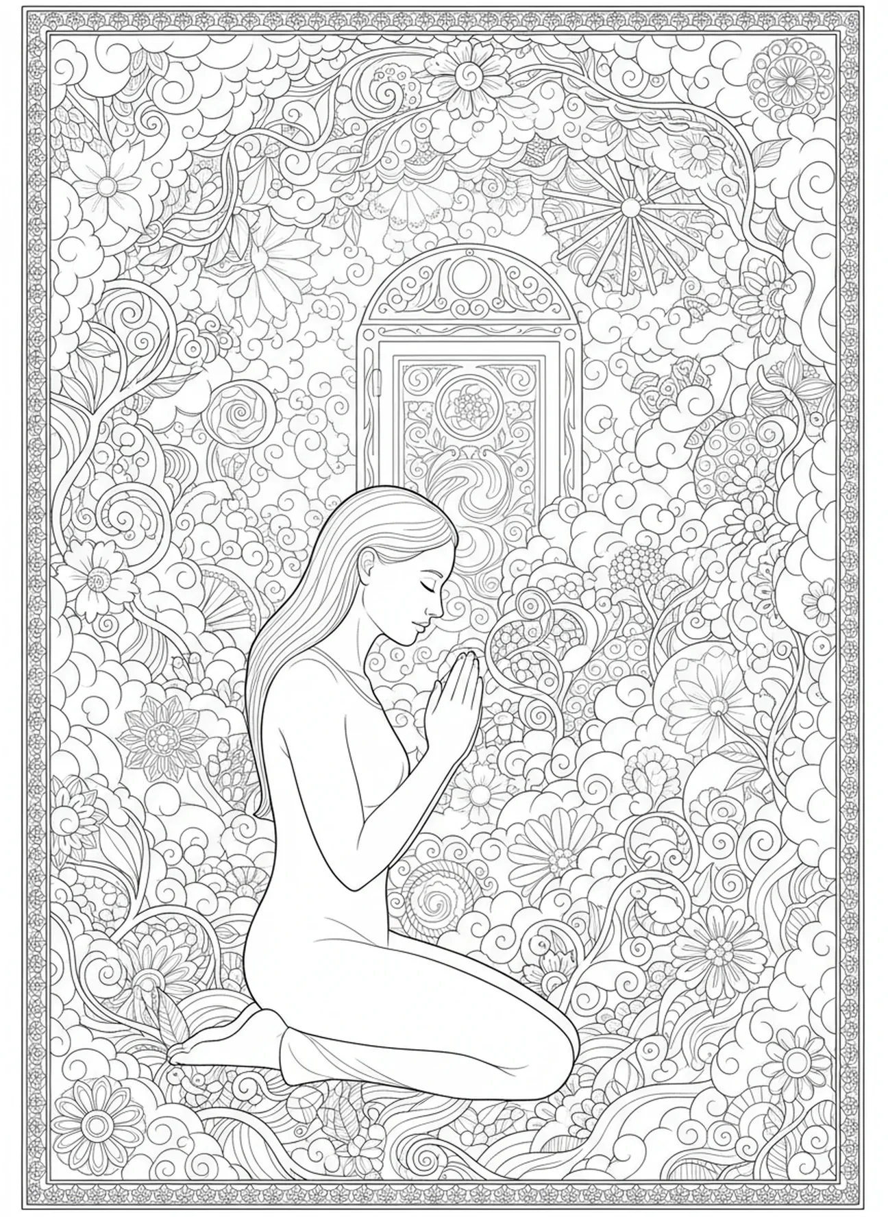 Betende Figur, Jesaja 40,31 Ausmalbild für Erwachsene im Stil des Bibeljournaling.