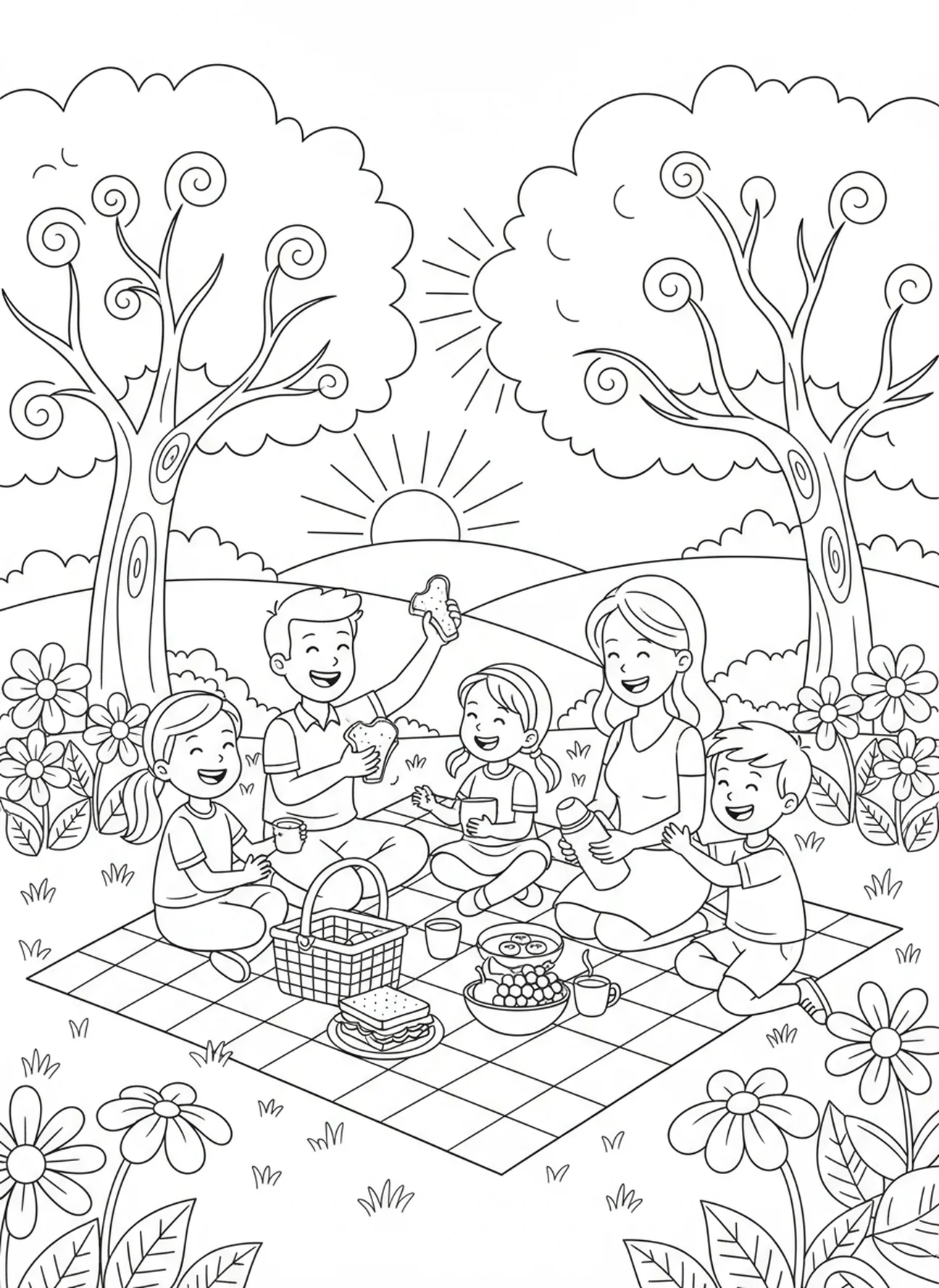 Famille heureuse en pique-nique, page à colorier sur Ésaïe 41:10 N'aie pas peur pour les enfants de 5 à 10 ans