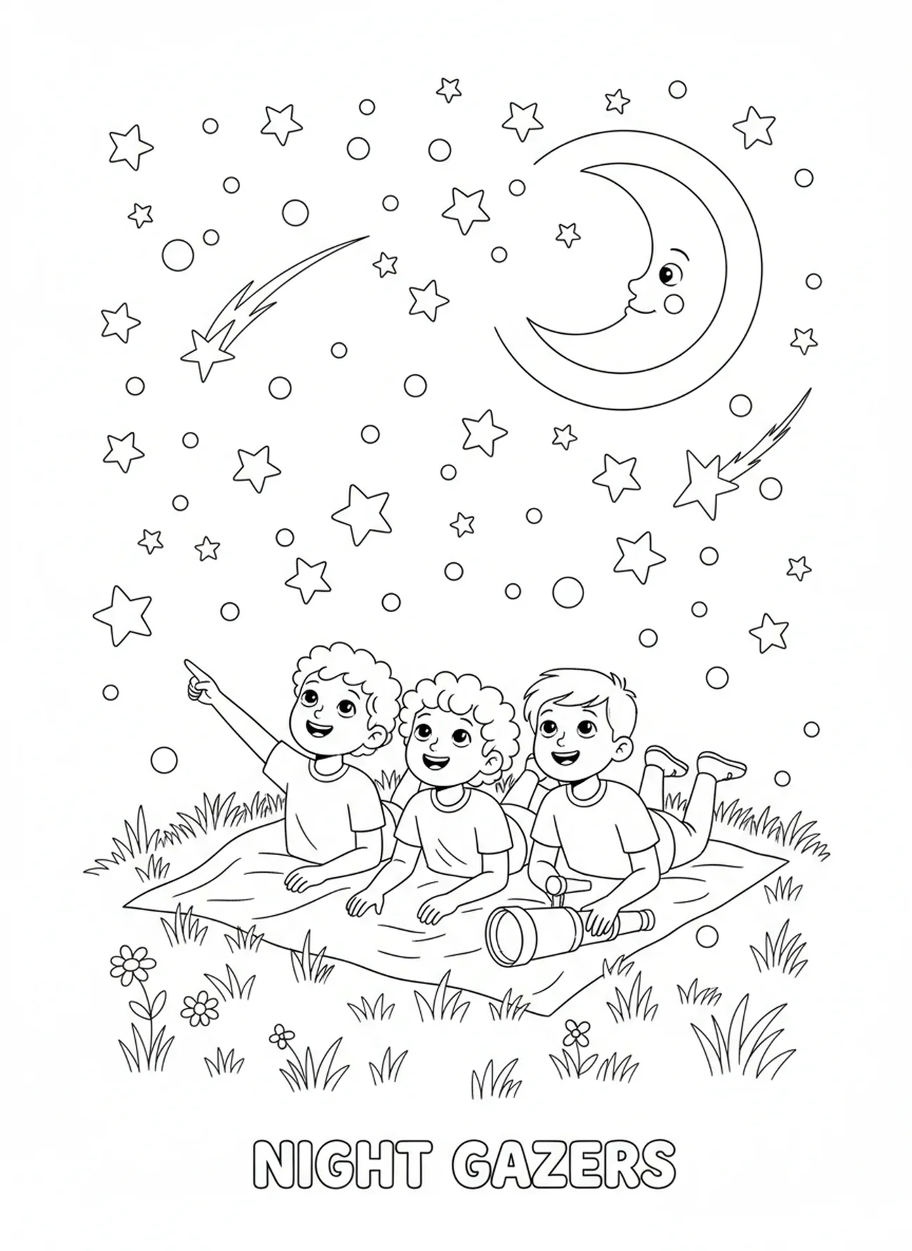 Enfants observant les étoiles la nuit, page à colorier 'N'aie pas peur' Ésaïe 41:10 pour les enfants de 5 à 10 ans