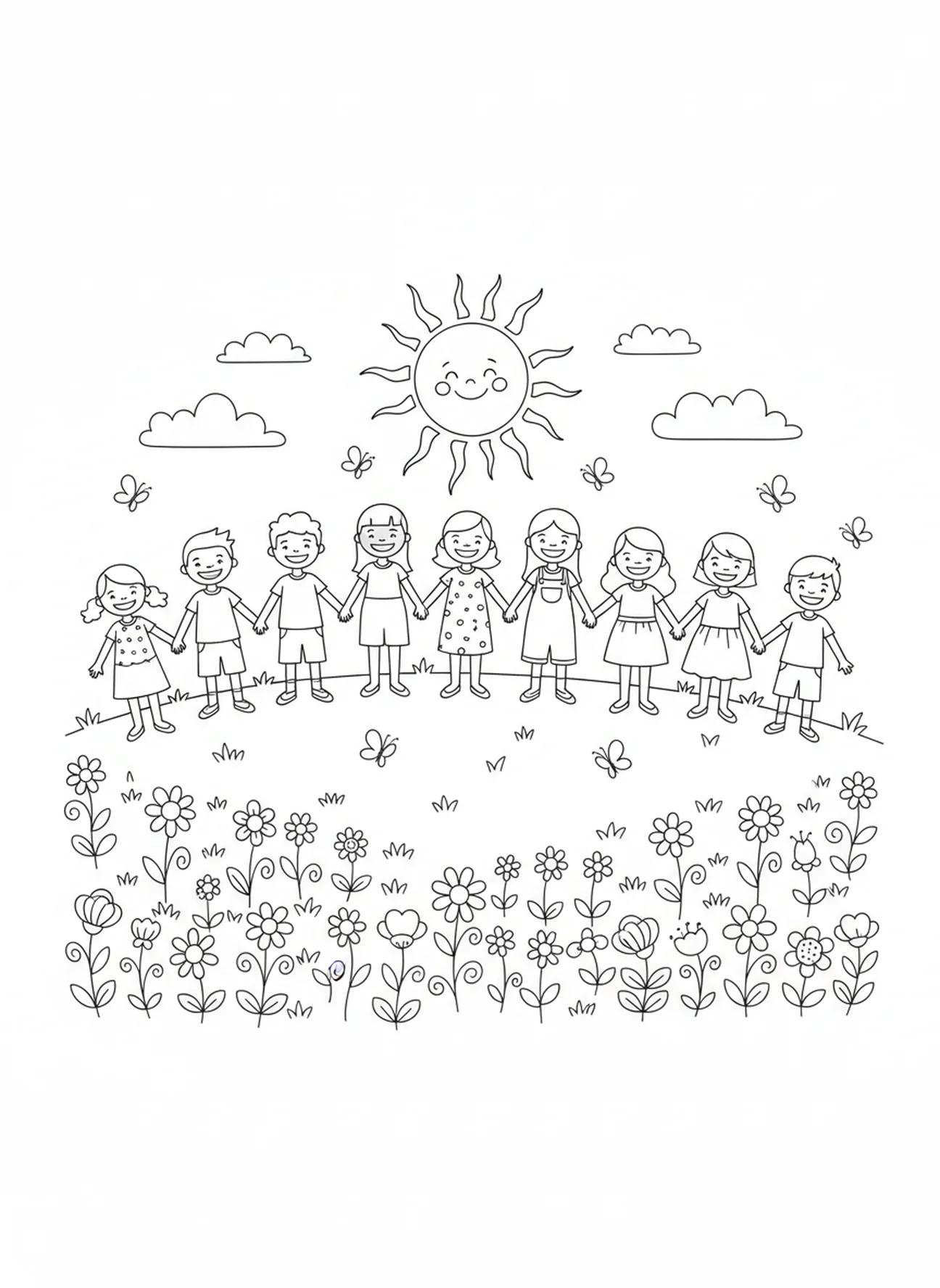 Groupe de personnes se tenant par la main, page à colorier pour enfants de 5 à 10 ans sur Ésaïe 41:10 N'ayez pas peur