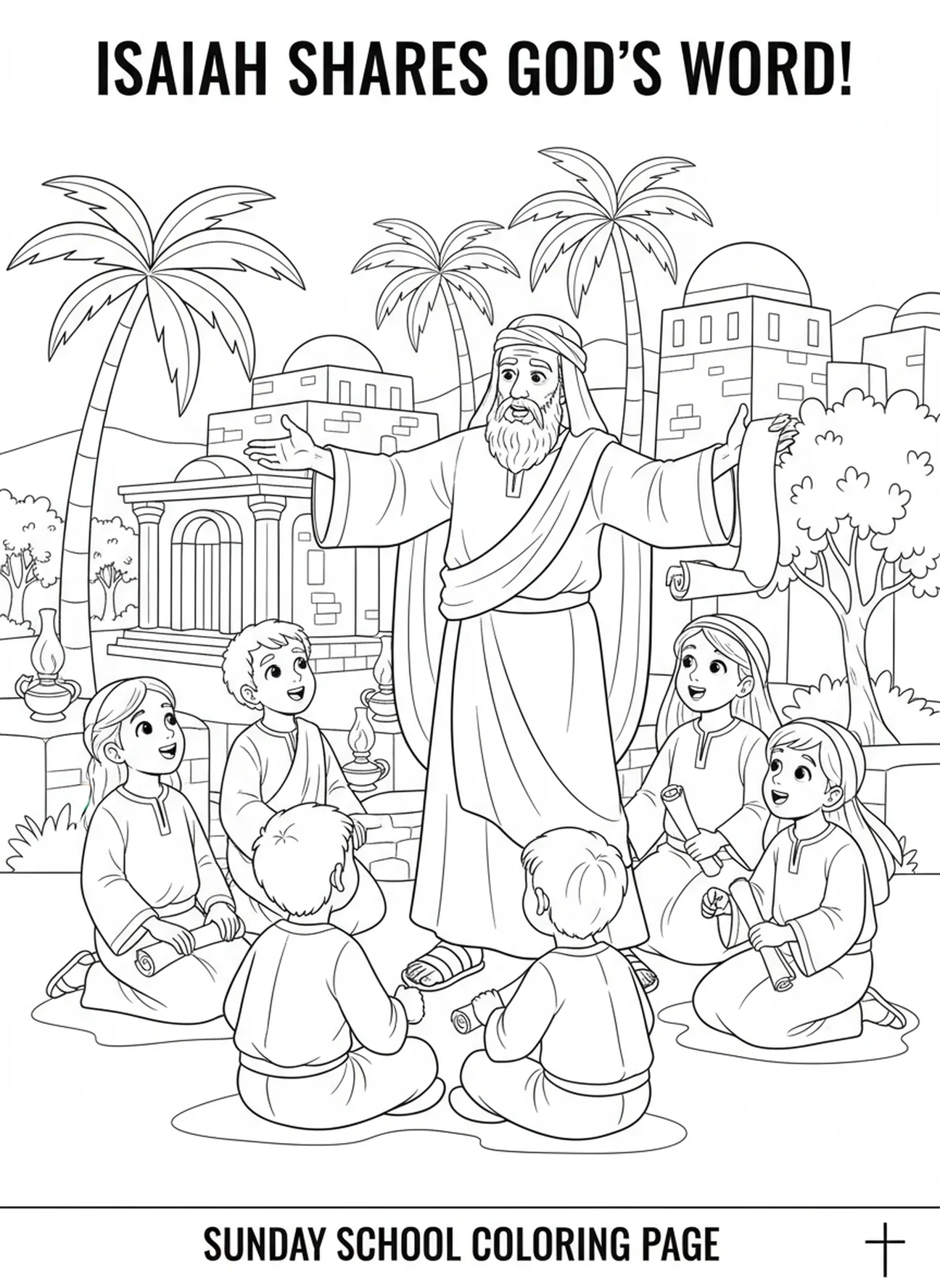 Enfants écoutant Ésaïe, Ésaïe 41:10 N'aie pas peur page à colorier pour l'École du dimanche enfants de 5 à 12 ans.