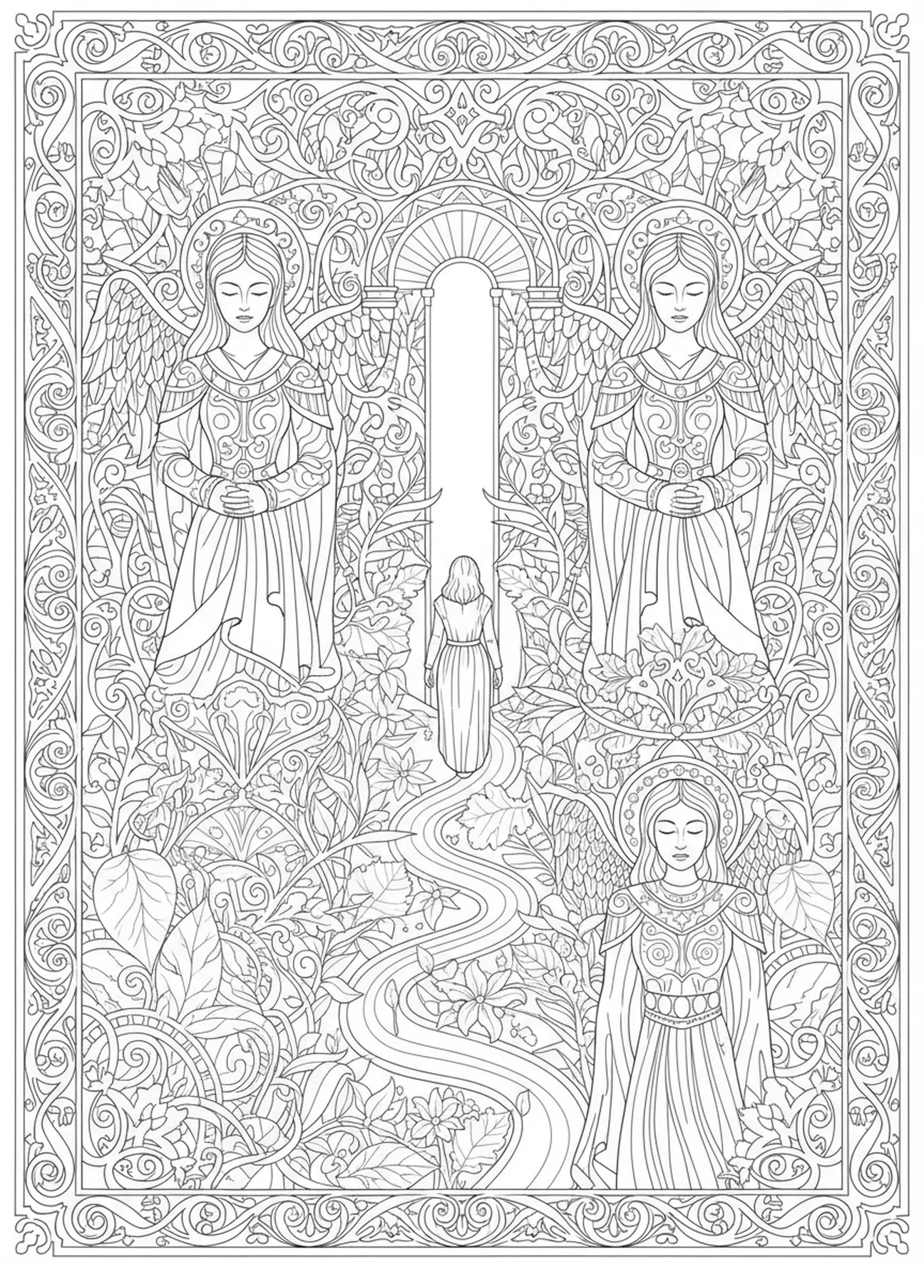 Figuur die een beschermend pad bewandelt, Isaiah 41:10 kleurplaat voor volwassenen in Bijbel journaling stijl