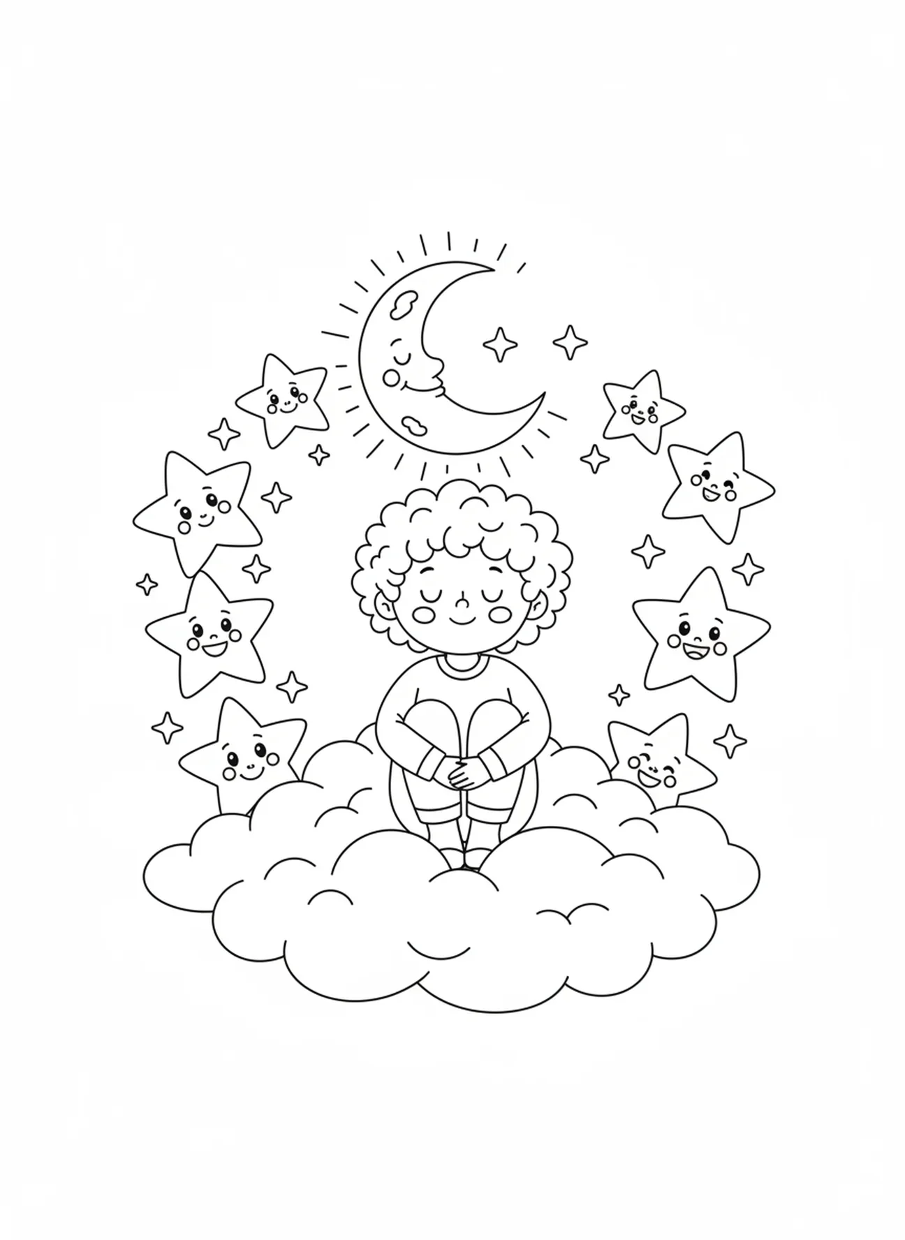 Kind dat op wolken zit, kleurplaat van Jesaja 41:10 voor kinderen van 5-10 jaar