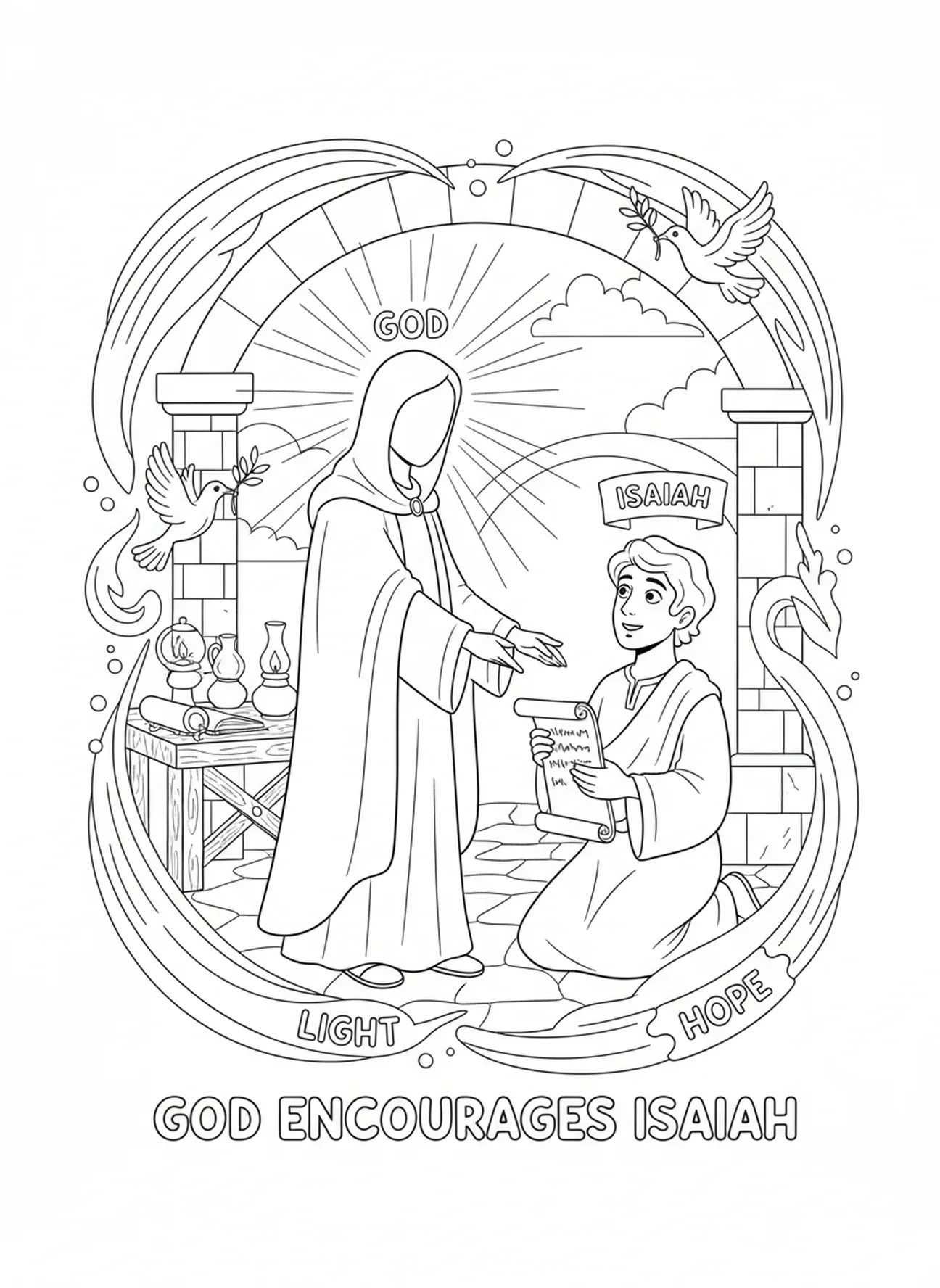 Deus encorajando Isaías, página para colorir Isaías 41:10 para crianças da Escola Dominical de 5 a 12 anos.