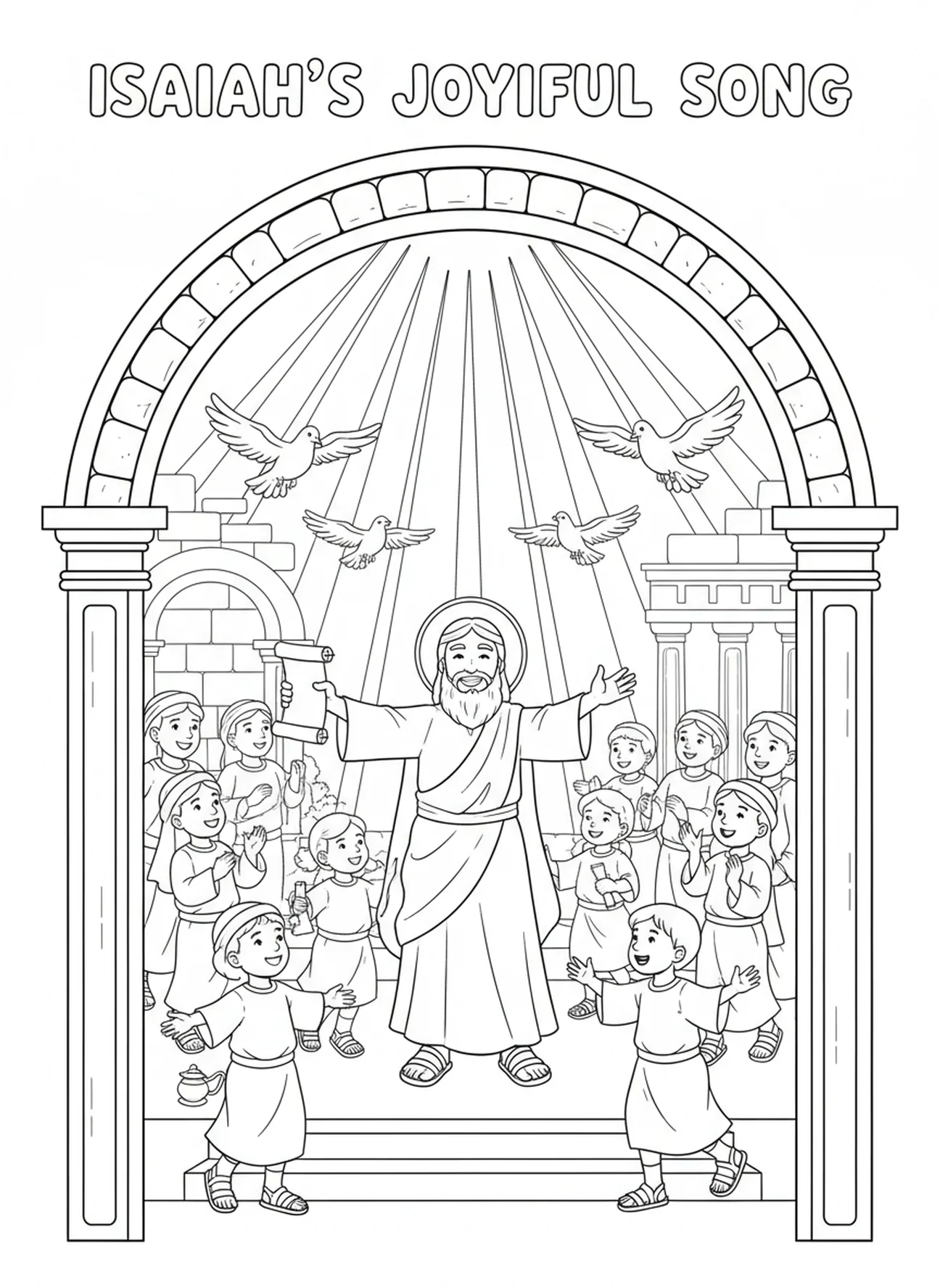 Deus levantando espíritos, página para colorir de Isaías 41:10 para crianças da Escola Dominical de 5 a 12 anos.