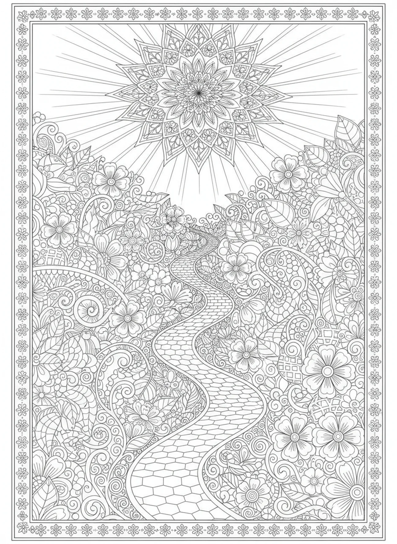 Caminho sinuoso para a luz, página de colorir Isaías 43:1 no estilo de journaling bíblico para adultos.