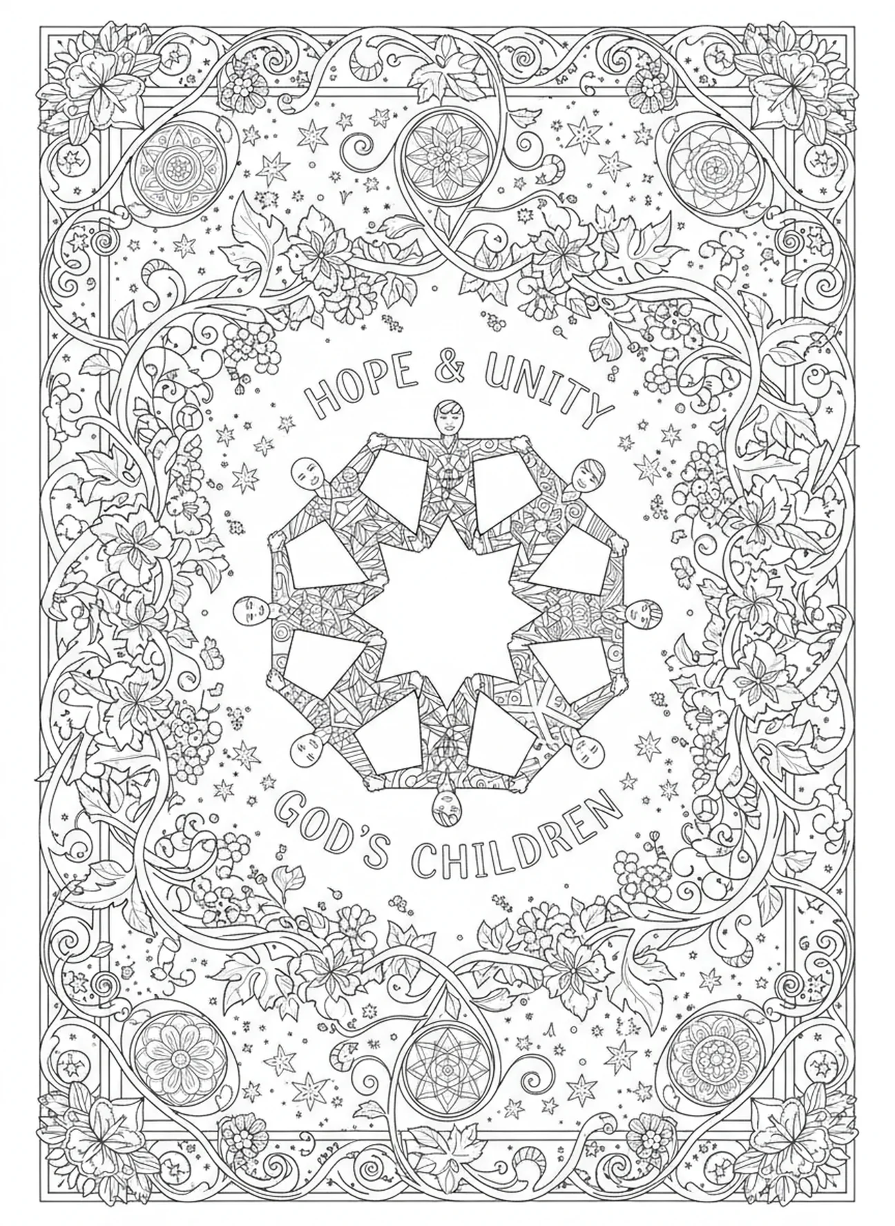 Grupo diverso de pessoas, página para colorir Isaías 43:1 no estilo de journaling bíblico para adultos.