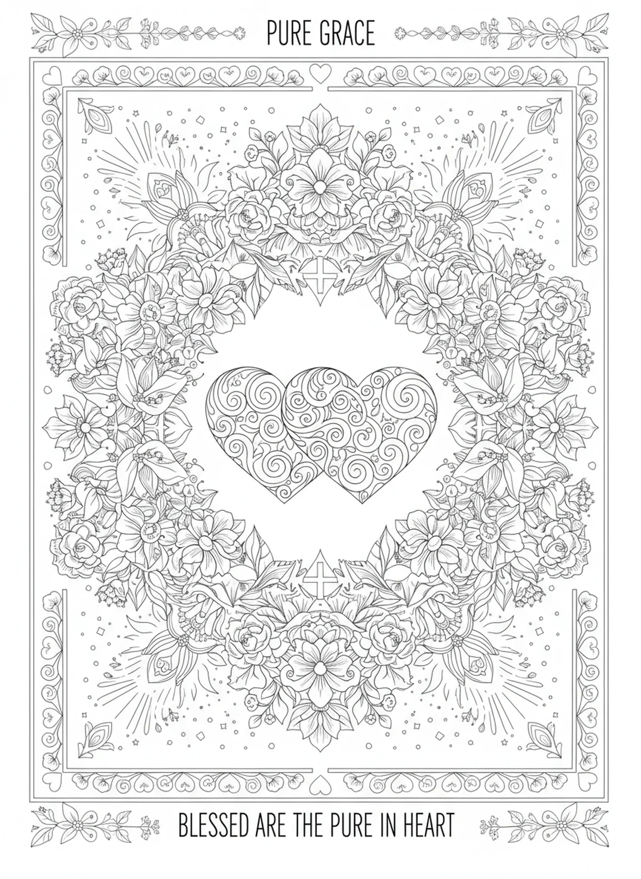 Aufwendige Szene, die reine Herzen umgeben von floralen Motiven darstellt, Jesaja 53,5 Farbseite für Erwachsene im Stil des Bibel-Journalings.
