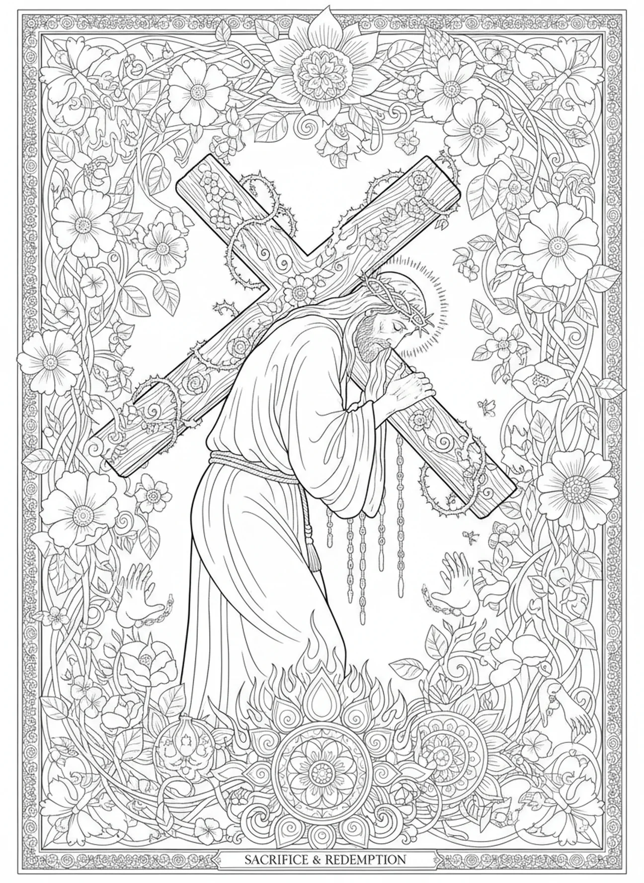 Detaillierte Darstellung eines leidenden Dieners, der ein Kreuz trägt, Jesaja 53,5 Ausmalbild für Erwachsene im Stil des Bibeljournaling.