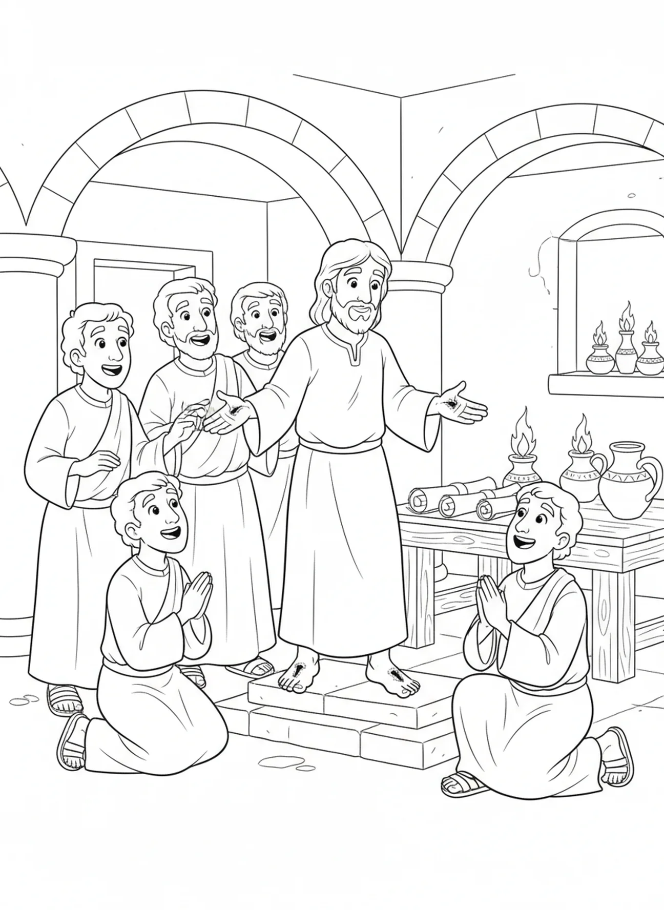 Jésus apparaissant à Ses disciples, Ésaïe 53:5 Page à colorier sur Ses blessures pour les enfants de l'École du dimanche âgés de 5 à 12 ans