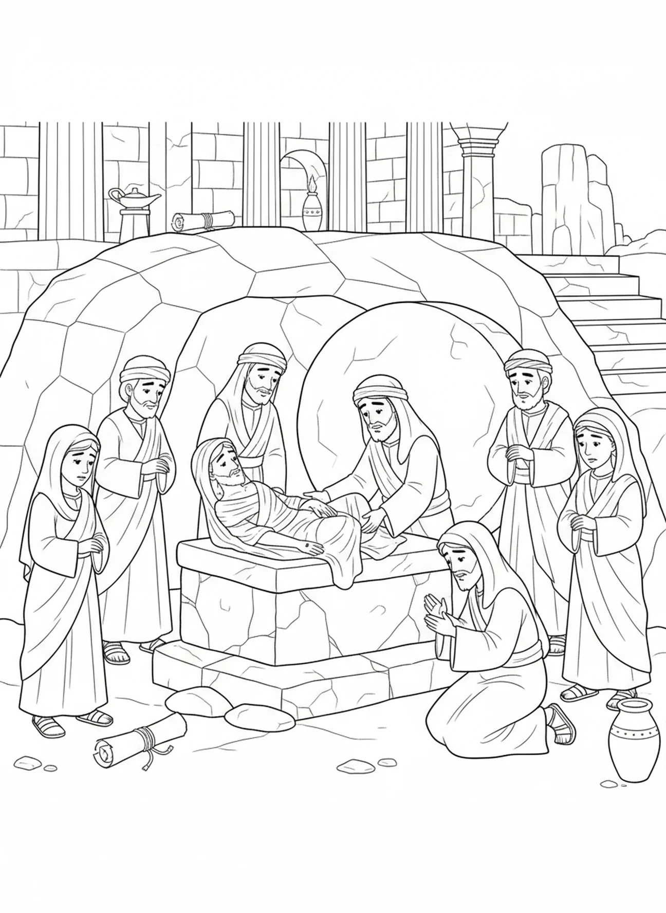 Jésus étant déposé dans un tombeau, Ésaïe 53:5 Page à colorier sur ses blessures pour les enfants de l'École du dimanche âgés de 5 à 12 ans