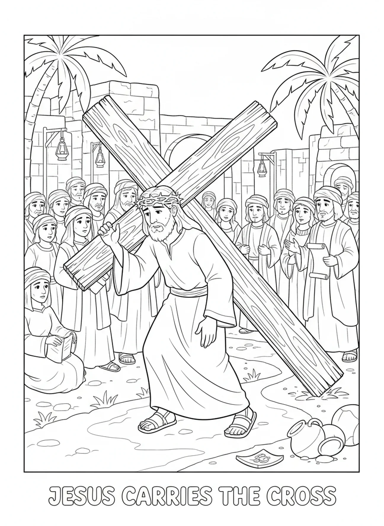 Jésus portant une croix en bois, Ésaïe 53:5 Page à colorier sur les blessures de Jésus pour les enfants de l'École du dimanche âgés de 5 à 12 ans