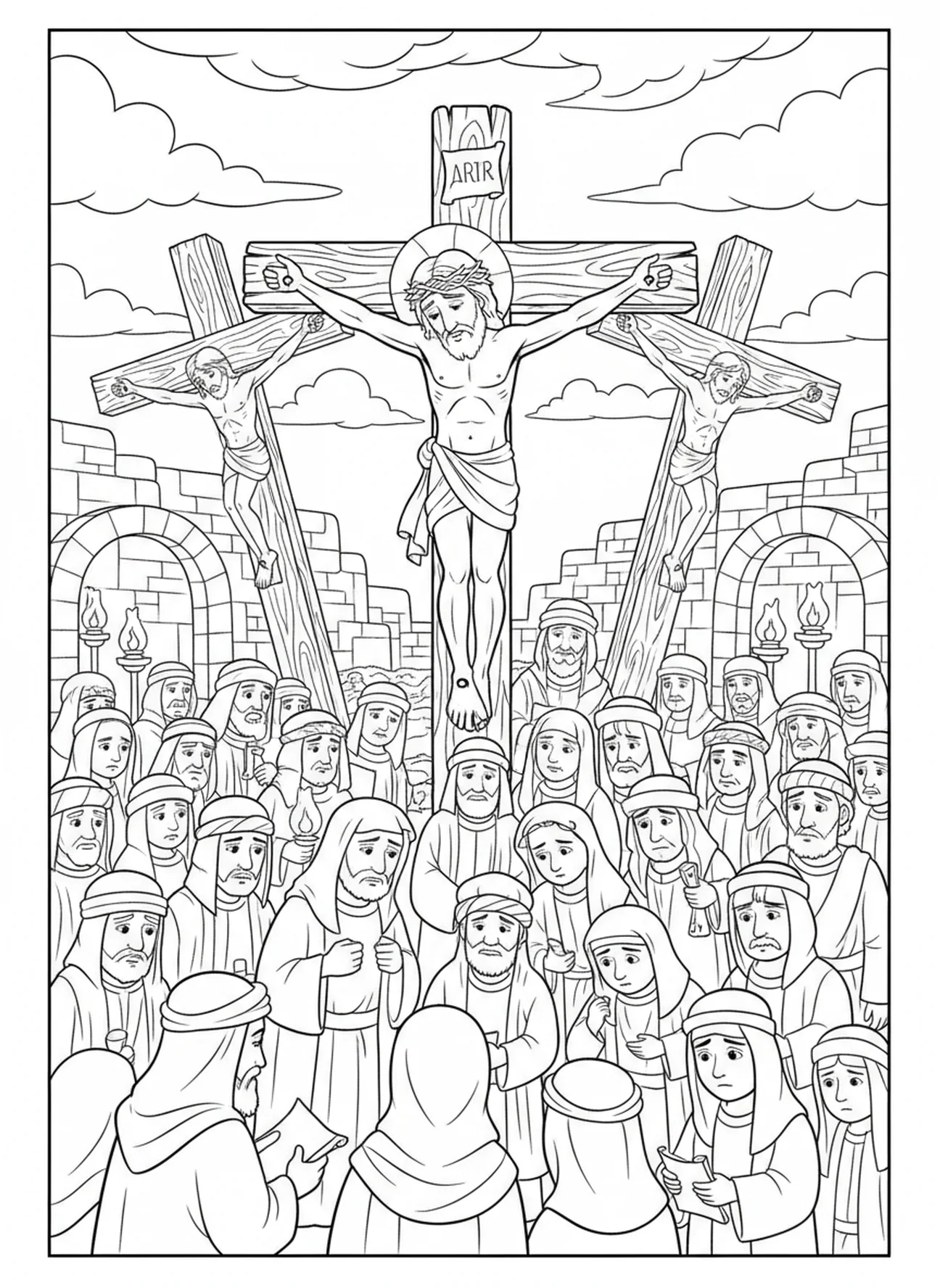 Jésus sur la croix, Ésaïe 53:5 Par ses blessures page à colorier pour les enfants de l'École du dimanche âgés de 5 à 12 ans